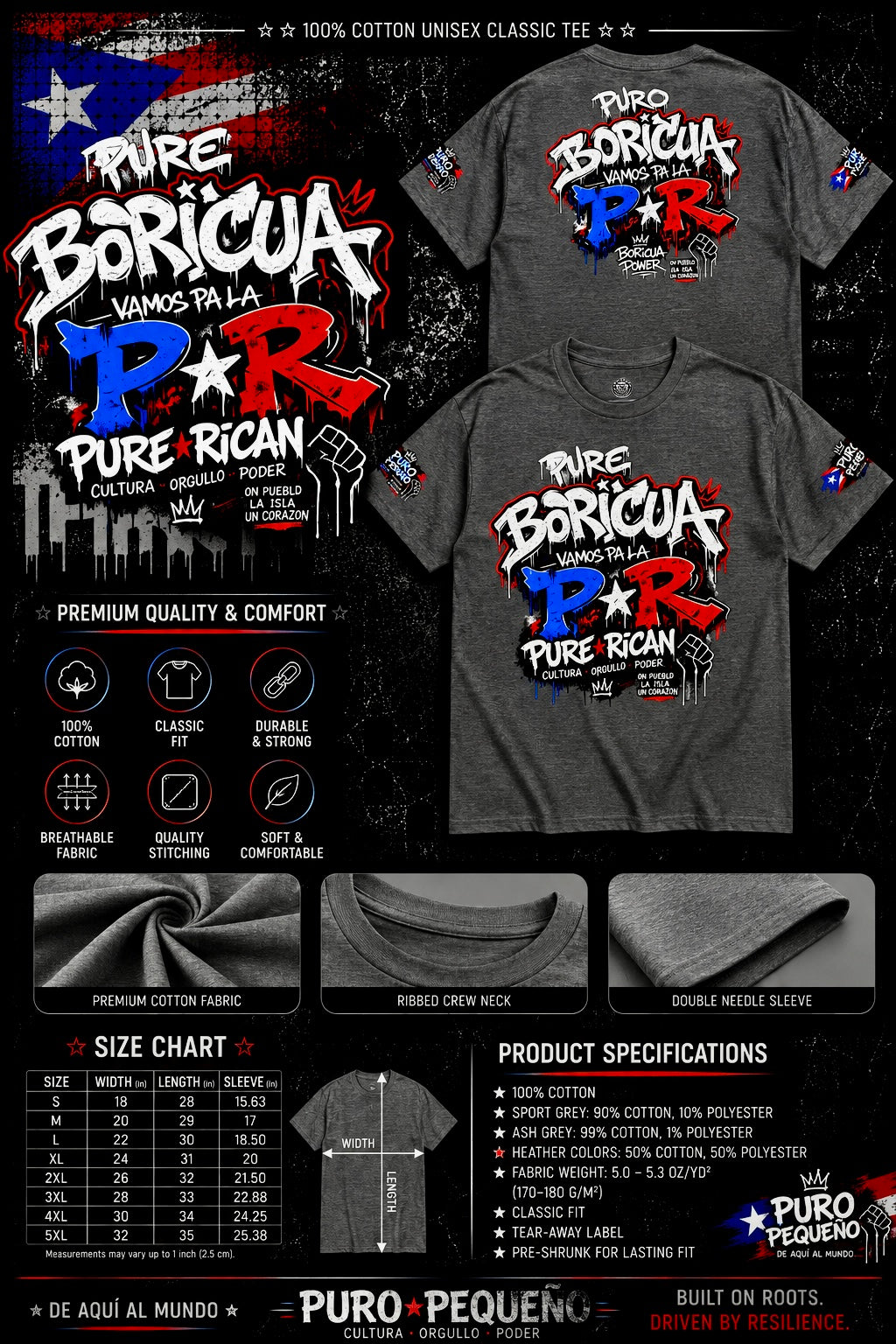 Gray t-shirt with 'Pure Boricua Vamos Pa' La P.R.' design on a black background with product details.
