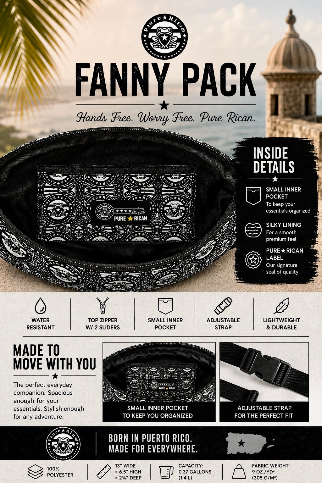 Pure⭐️Rican OG Logo Pattern Fanny Pack | Puerto Rican Travel, Festival & Everyday Waist Bag