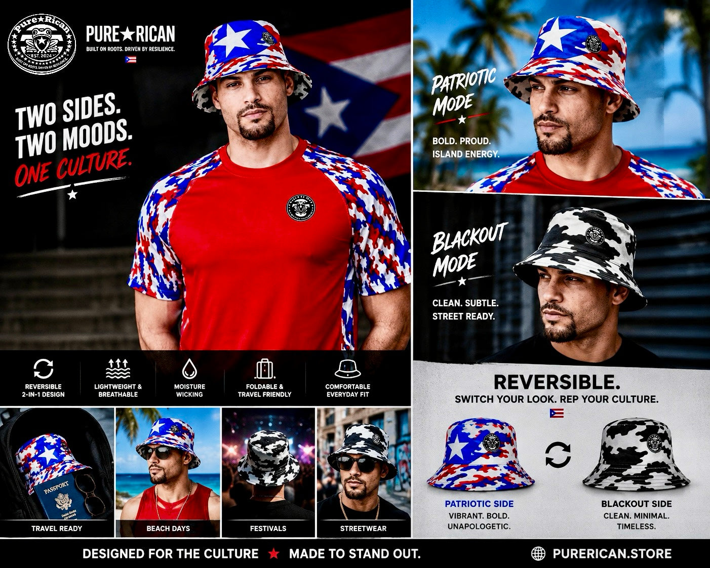 Pure⭐️Rican Reversible Puerto Rican Bucket Hat – Patriotic & Blackout Edition