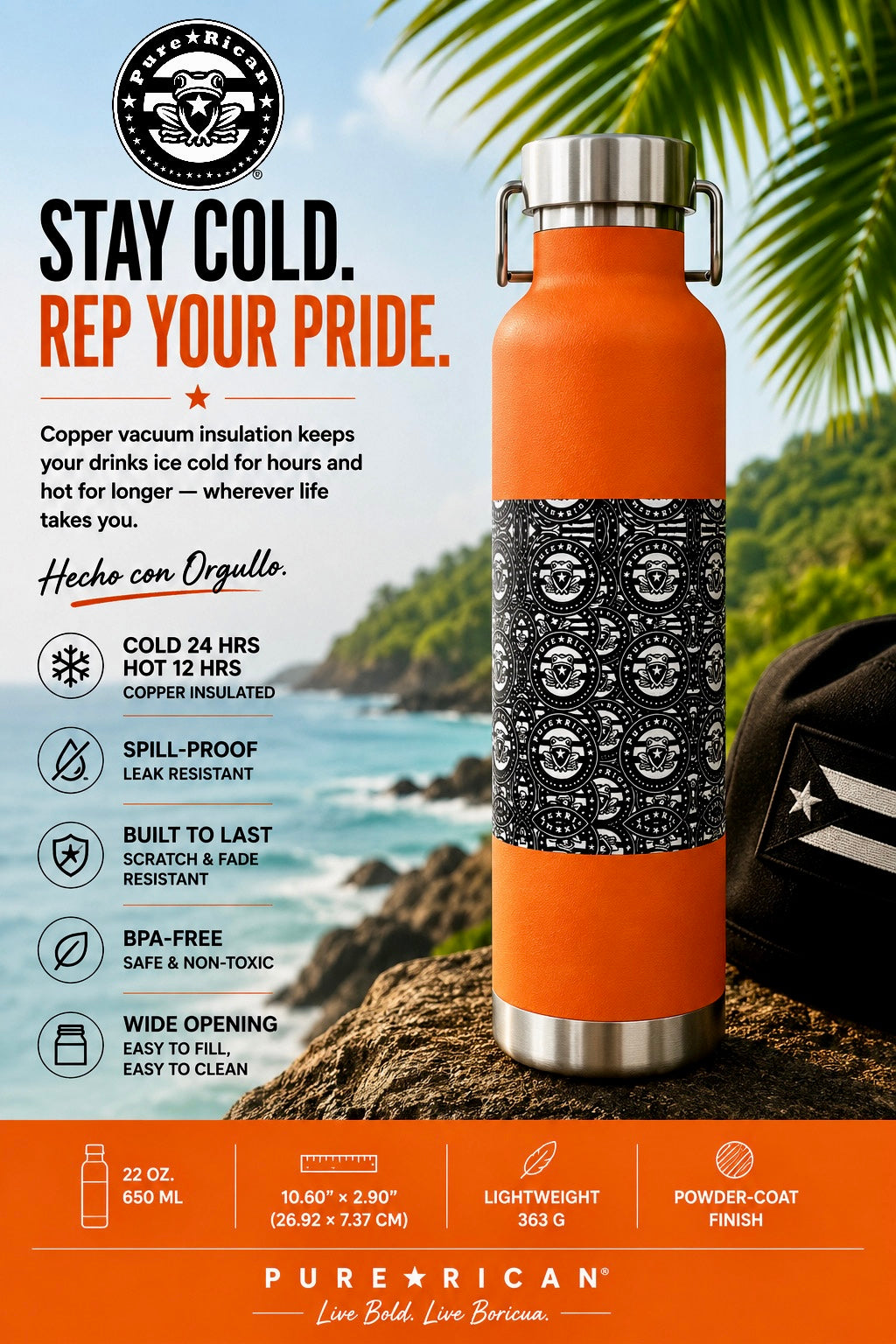 Orange water bottle with black pattern on a scenic background, featuring Pure Rican branding.