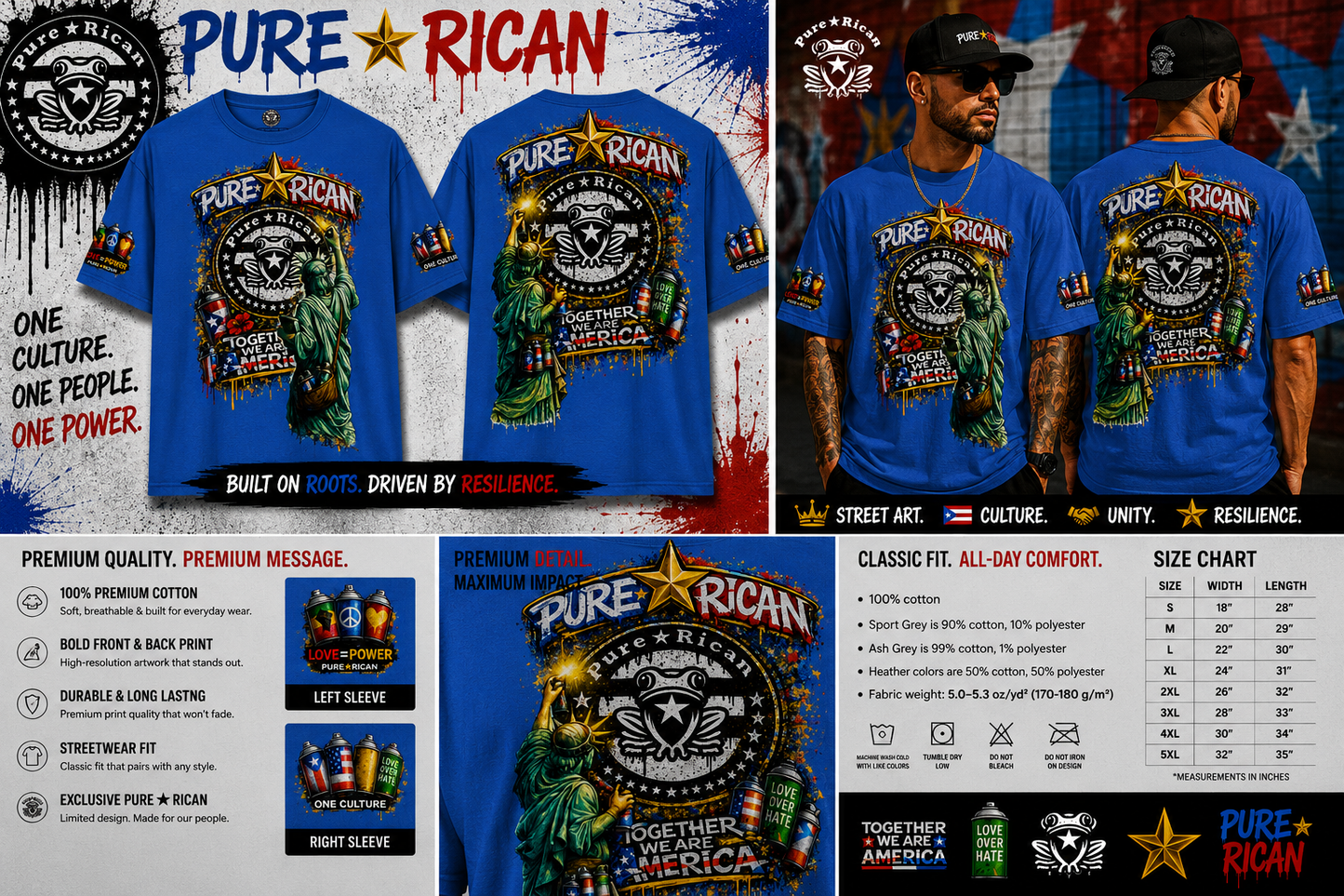 Pure⭐️Rican “Together We Are America” Statue Graffiti Tee – Front & Back Street Art Edition