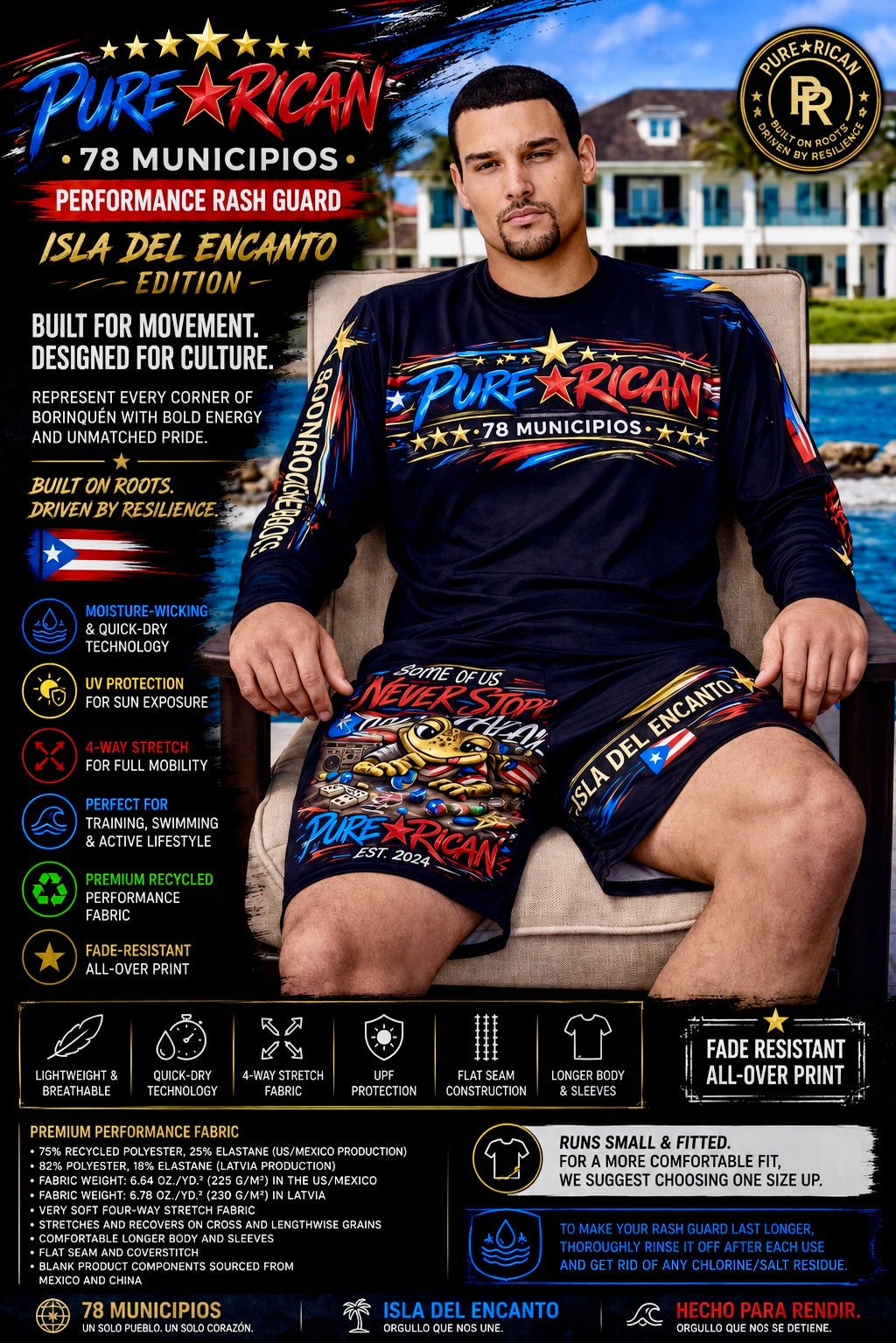 A man wearing a black long-sleeve rash guard and matching shorts with a vibrant multicolor 'Pure Aryan' graphic, seated in a chair in front of a pool. The image is a promotional graphic for 'Isla Del Encanto Performance Bash Guard' by '78 Municipios'.