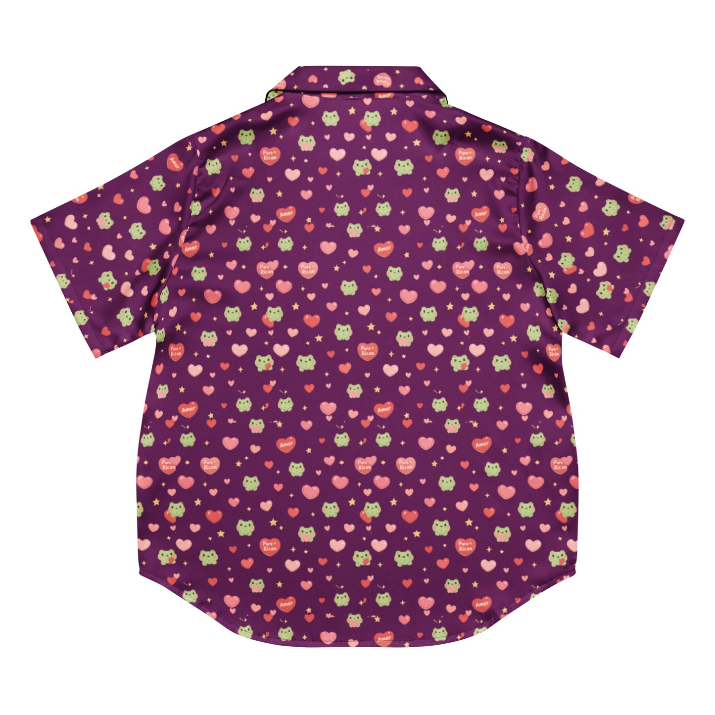 Back view of Purple Pure⭐️Rican Sapo Concho Love pajama shirt with all-over heart and frog pattern and relaxed pajama fit