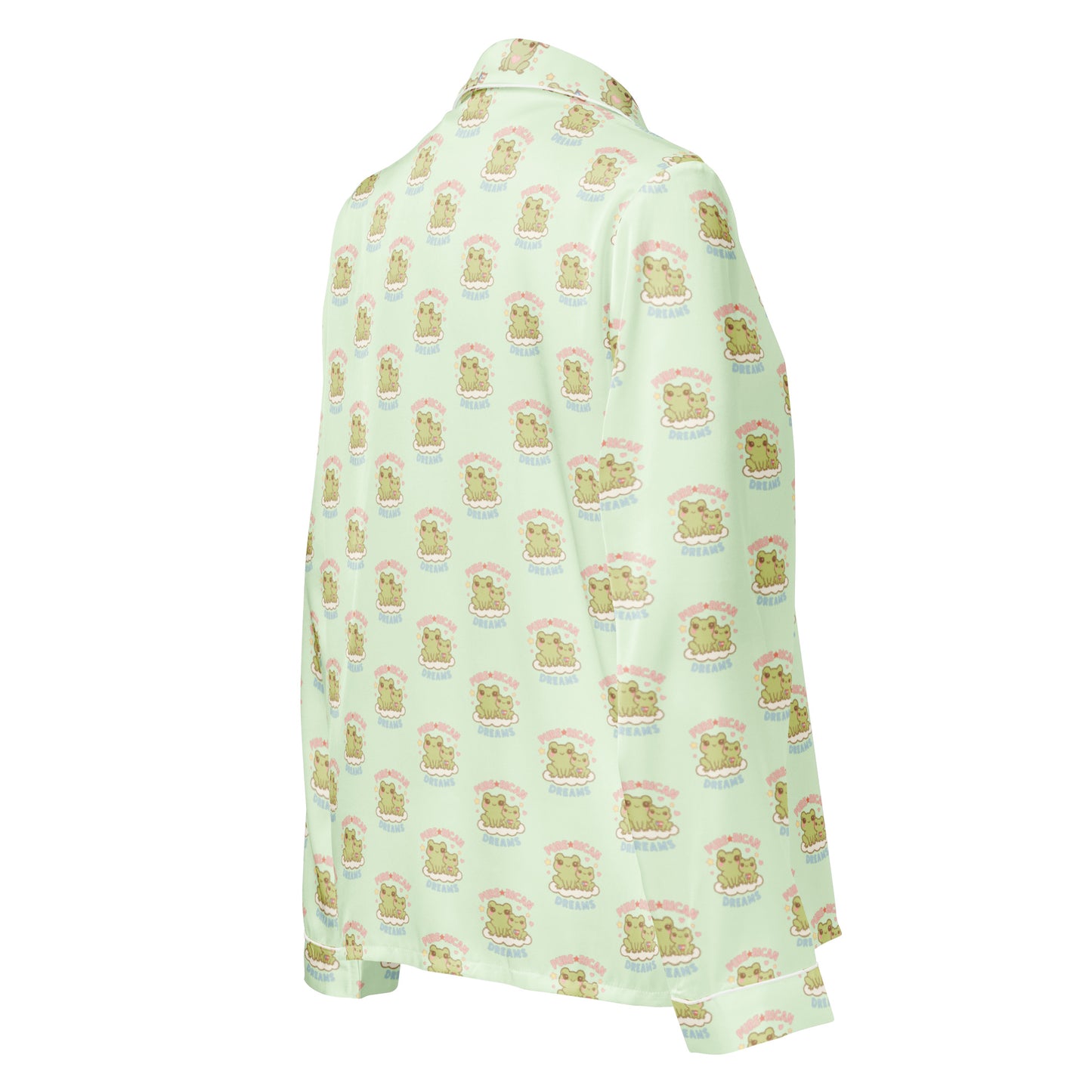 Close-up of Pure⭐️Rican mint green all-over print long sleeve pajama top showing soft fabric and dreamy cultural pattern