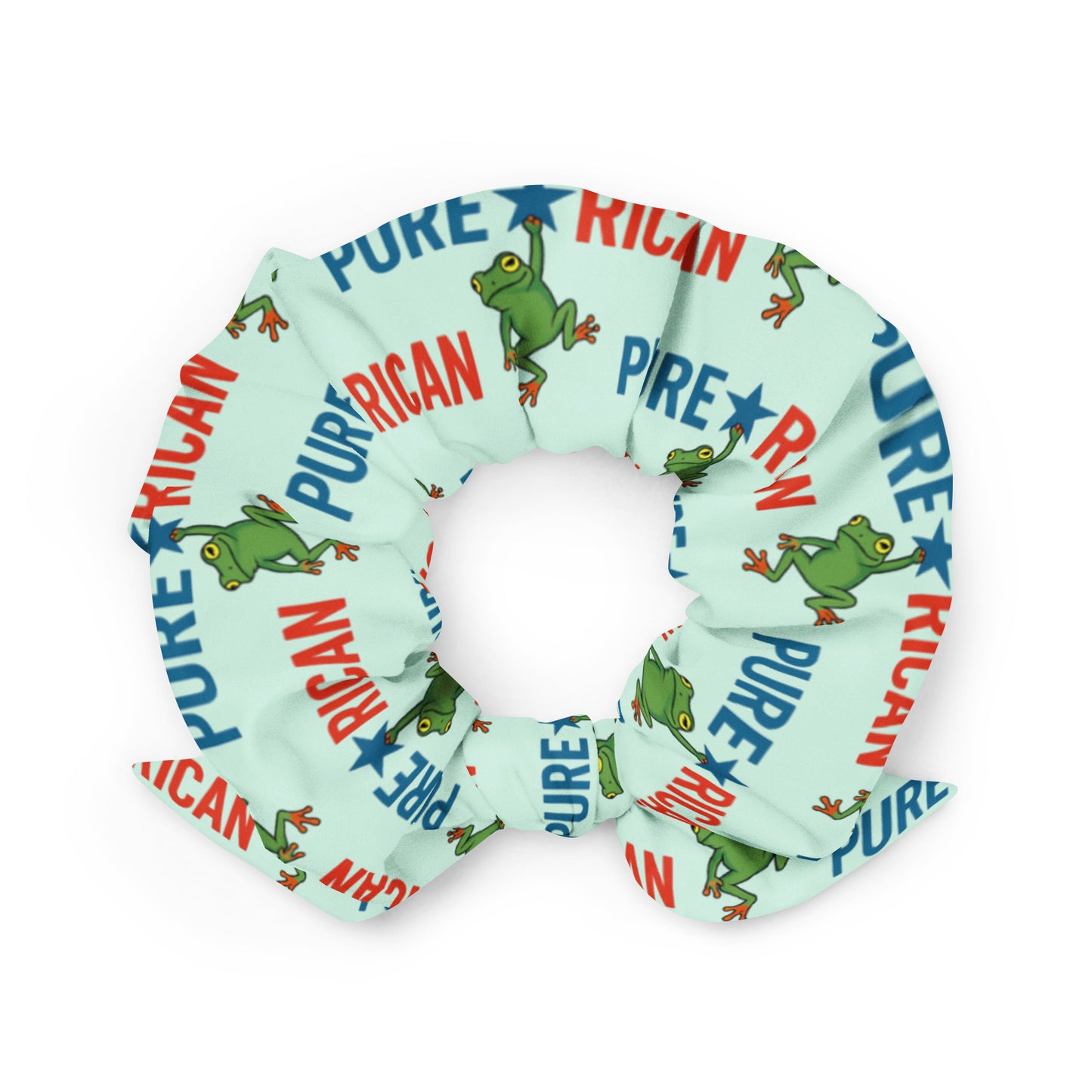 Close-up of Pure⭐️Rican scrunchie showing the Sapo Concho frog hanging off the star centerpiece in the Pure⭐️Rican logo