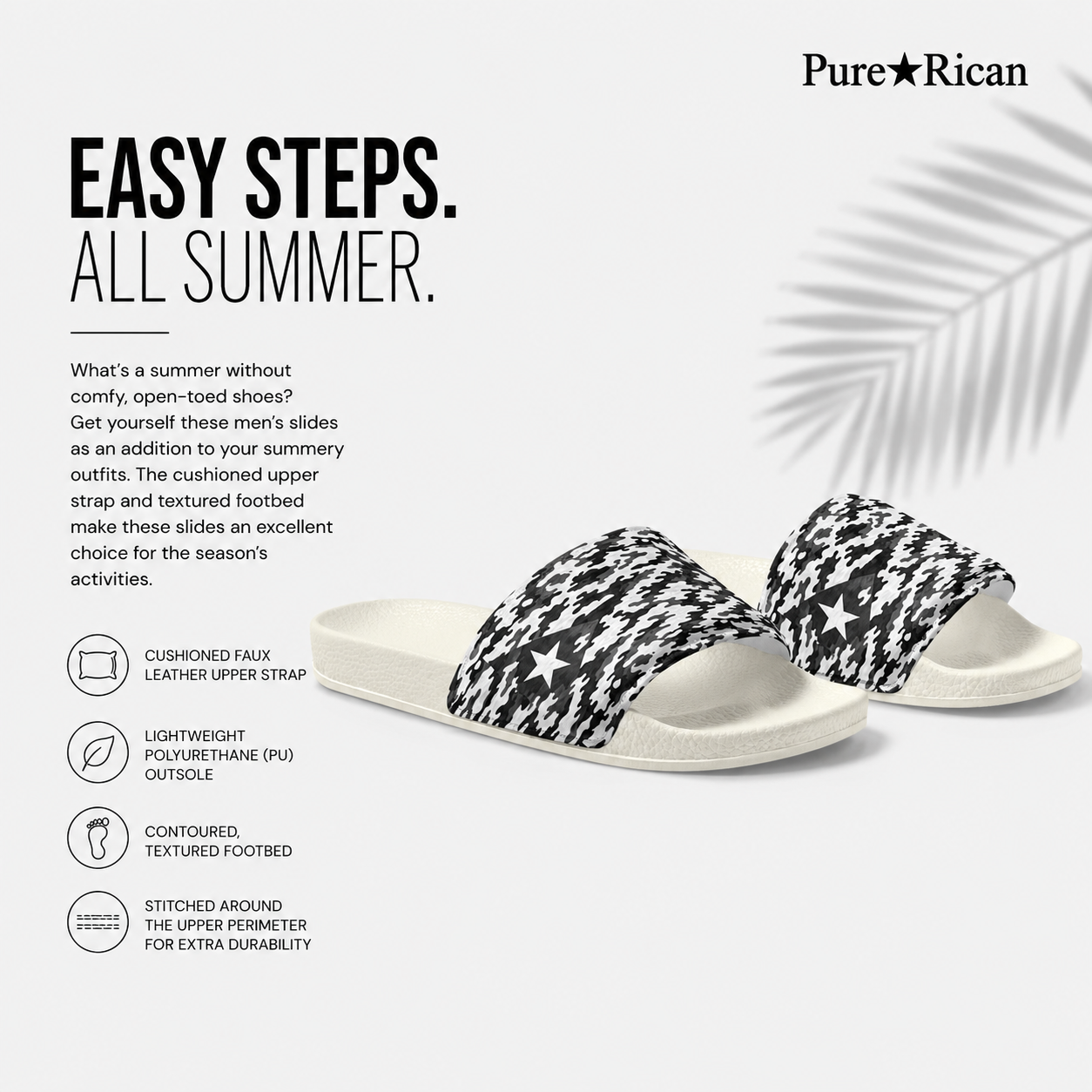 Black and white patterned slides with promotional text and 'Pure⭐️Rican' branding on a white background.