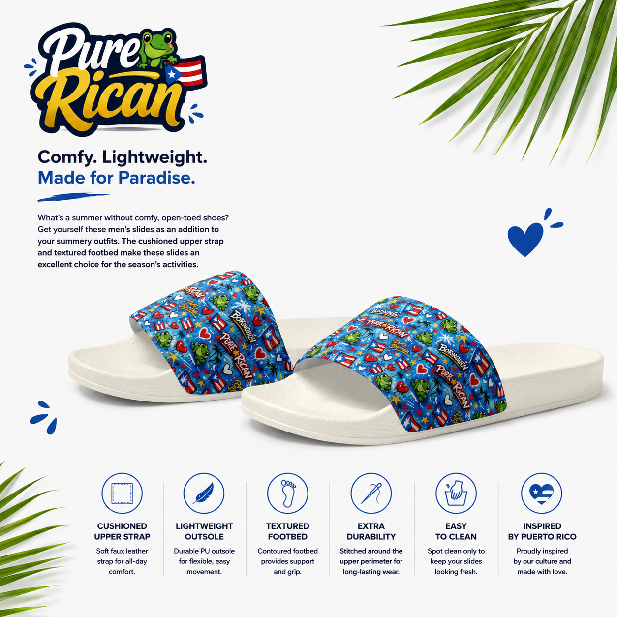 Blue patterned slides with white soles on a white background, featuring the Pure⭐️Rican brand.