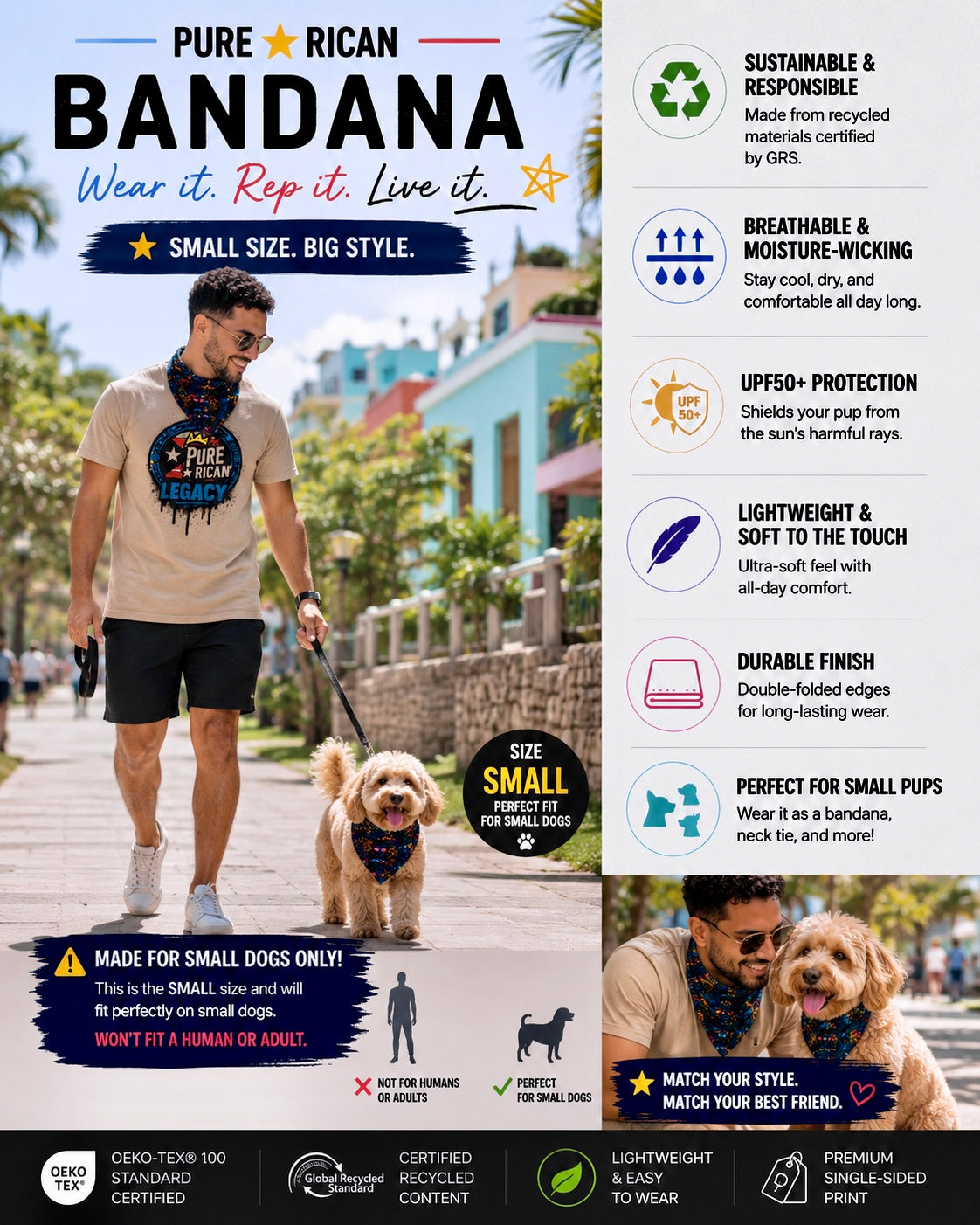 Dog owner and small fluffy dog walking outdoors wearing matching Pure⭐️Rican Sapo Galaxy Midnight bandanas.