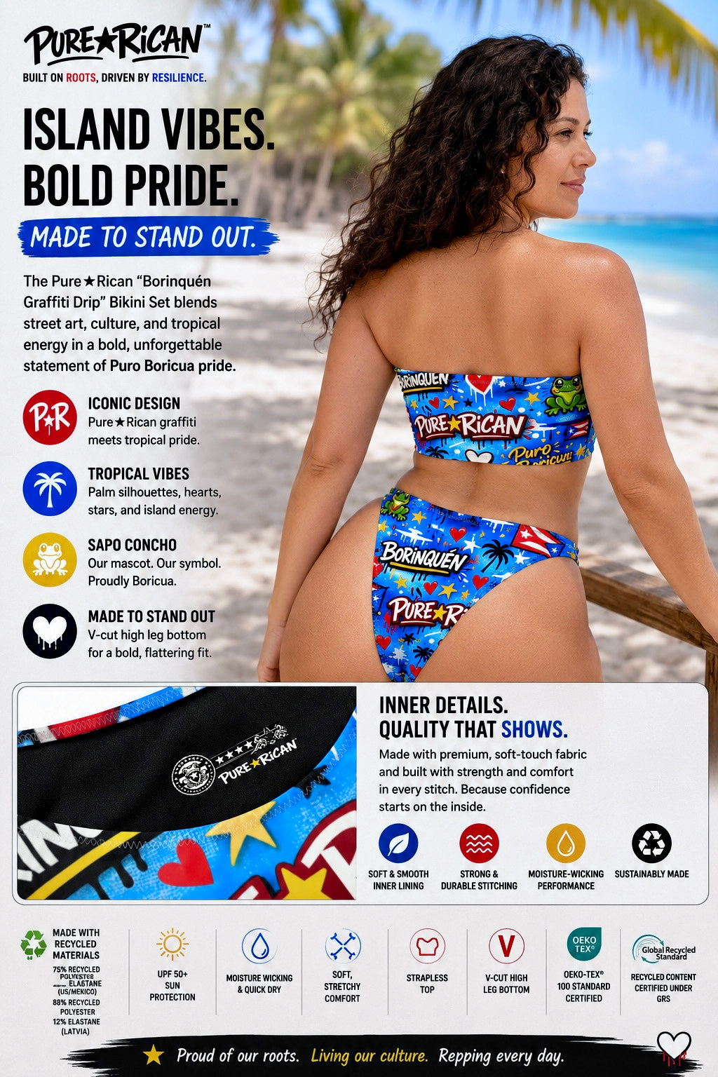 Back view of model wearing the Pure⭐️Rican BORINQUÉN Graffiti Drip Bikini Set on a tropical beach showcasing the vibrant graffiti-inspired Puerto Rican artwork and bold Boricua summer style.