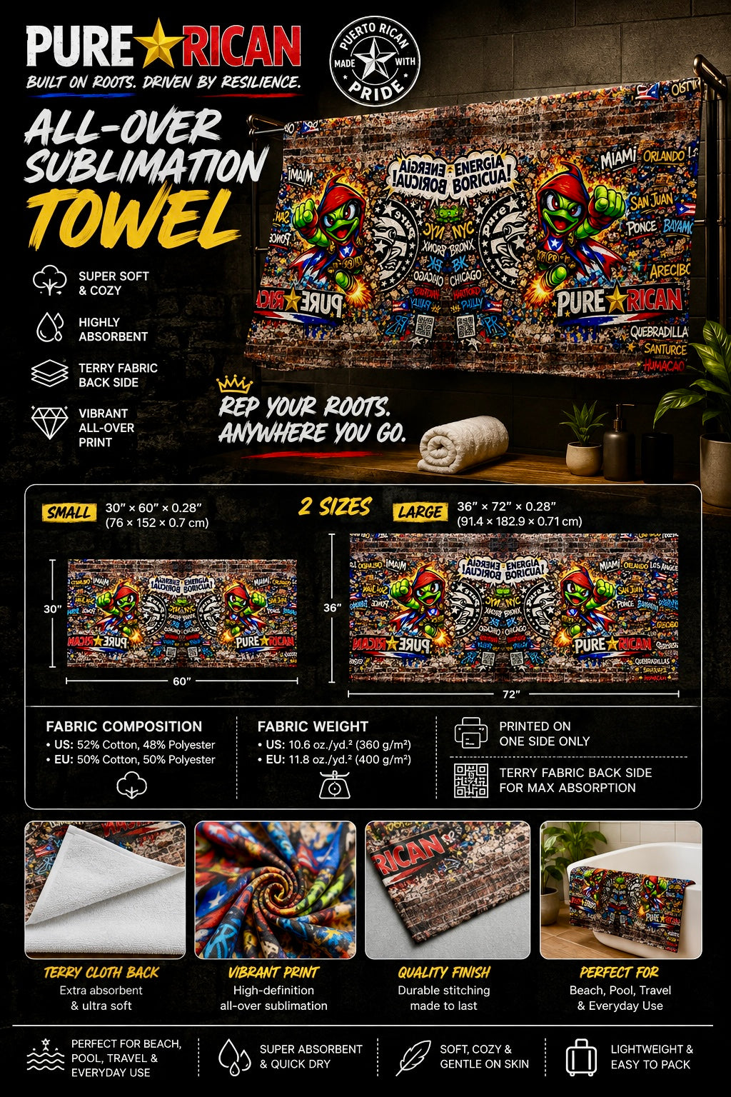 Colorful PURE⭐️RICAN Energía Boricua graffiti beach towel featuring Puerto Rican superhero frog artwork, urban street art graphics, island and diaspora city names, and vibrant all-over sublimation print.