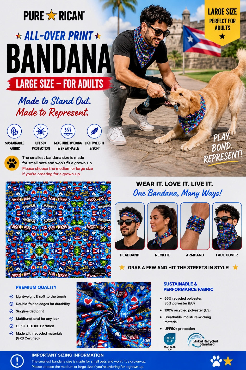 Large-size Pure⭐️Rican BORINQUÉN bandana premium complementary image featuring an adult model wearing the blue Puerto Rican graffiti-style bandana while playing with a dog wearing a matching pet bandana. Showcases matching Boricua style for pets and owners.
