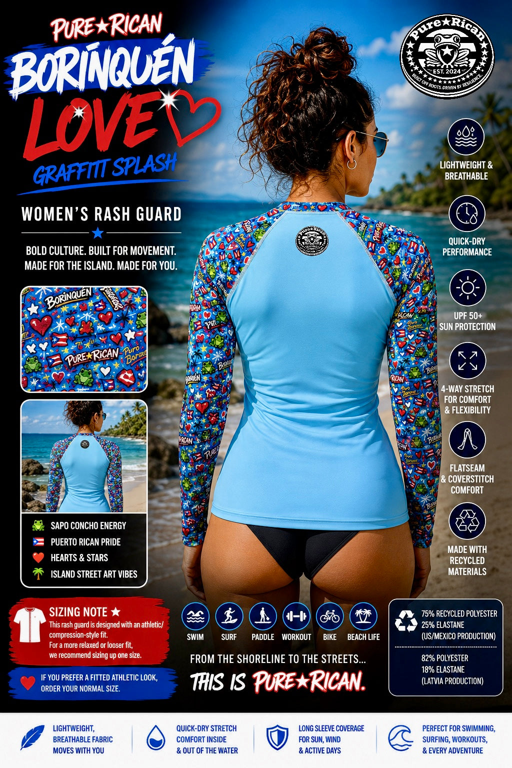 Woman wearing the Pure⭐️Rican BORINQUÉN Love Graffiti Splash women’s rash guard shown from the back at a tropical beach featuring graffiti-inspired Puerto Rican sleeves, Sapo Concho artwork, and performance rash guard styling.