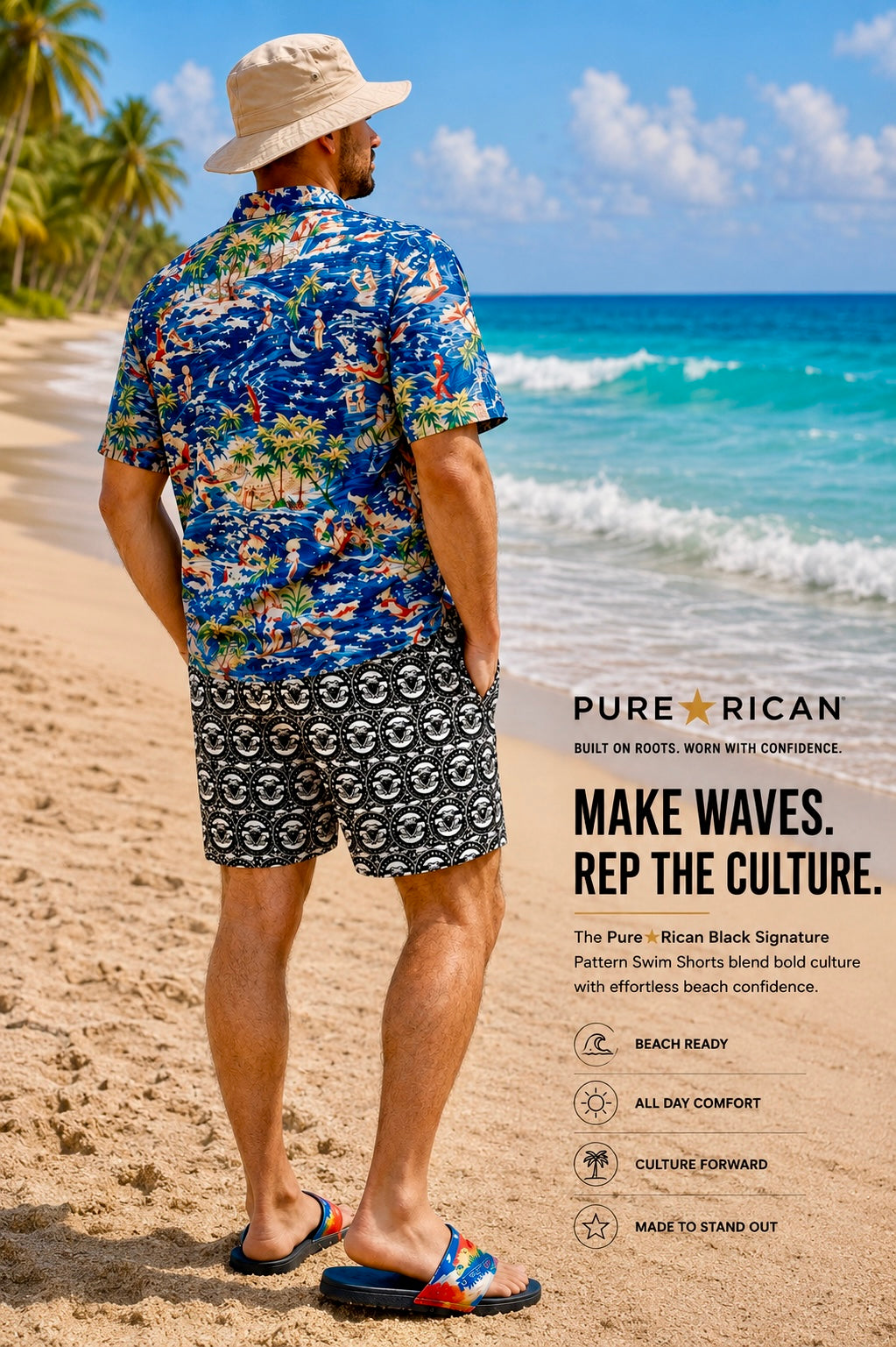 Back lifestyle view of male model wearing Pure⭐️Rican Black Signature Pattern Swim Shorts on a tropical beach showcasing rear fit, all-over signature pattern, relaxed beachwear styling, and Puerto Rican-inspired summer fashion.
