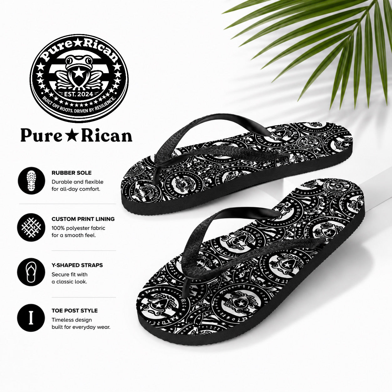 Angled lifestyle-style product image of Pure⭐️Rican black and white flip flops designed for beach, pool, and everyday wear.