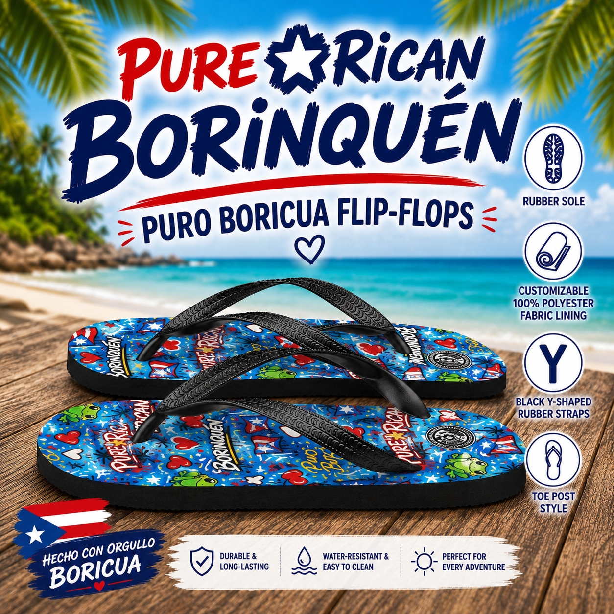 Pure⭐️Borinquén flip-flops with beach background and product features.