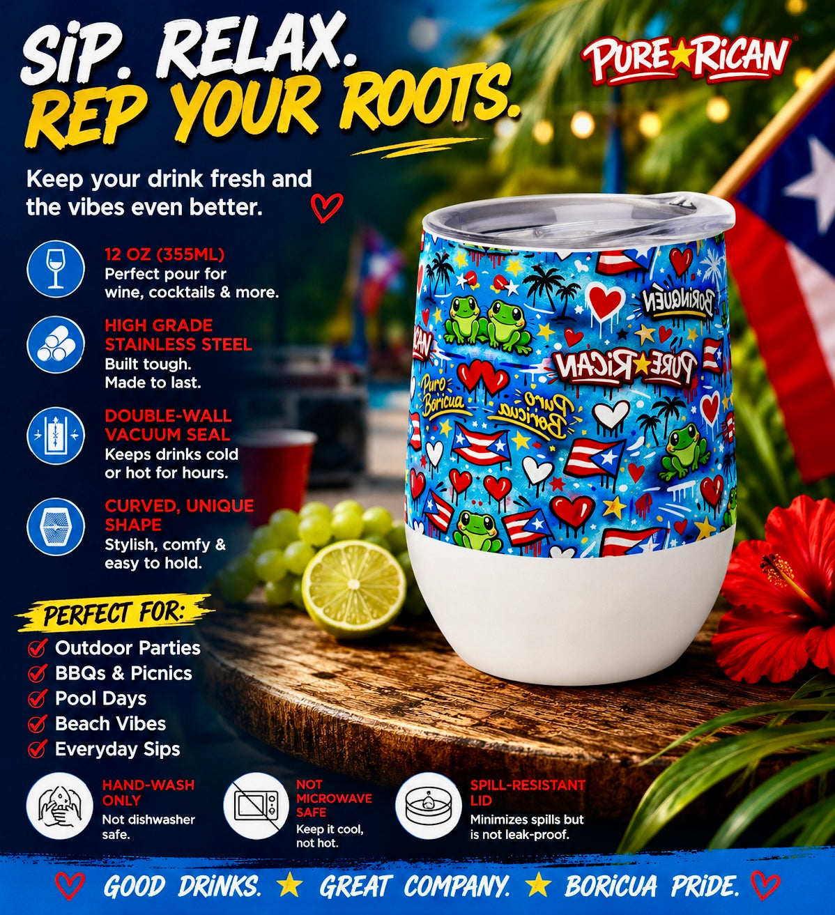 Promotional product poster of the Pure⭐️Rican Borinquen Love 12oz wine tumbler highlighting stainless steel construction, double-wall insulation, curved shape, and Puerto Rican-inspired lifestyle design.