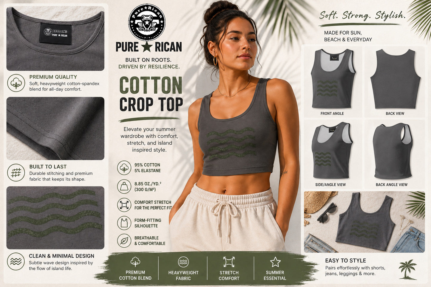 Woman wearing a gray cotton crop top with product details and images on a white background
