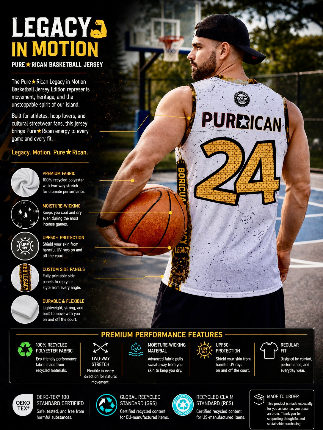 Back lifestyle view of an athlete wearing the Pure⭐️Rican Legacy in Motion Basketball Jersey on a basketball court featuring Pure⭐️Rican branding and premium athletic design.