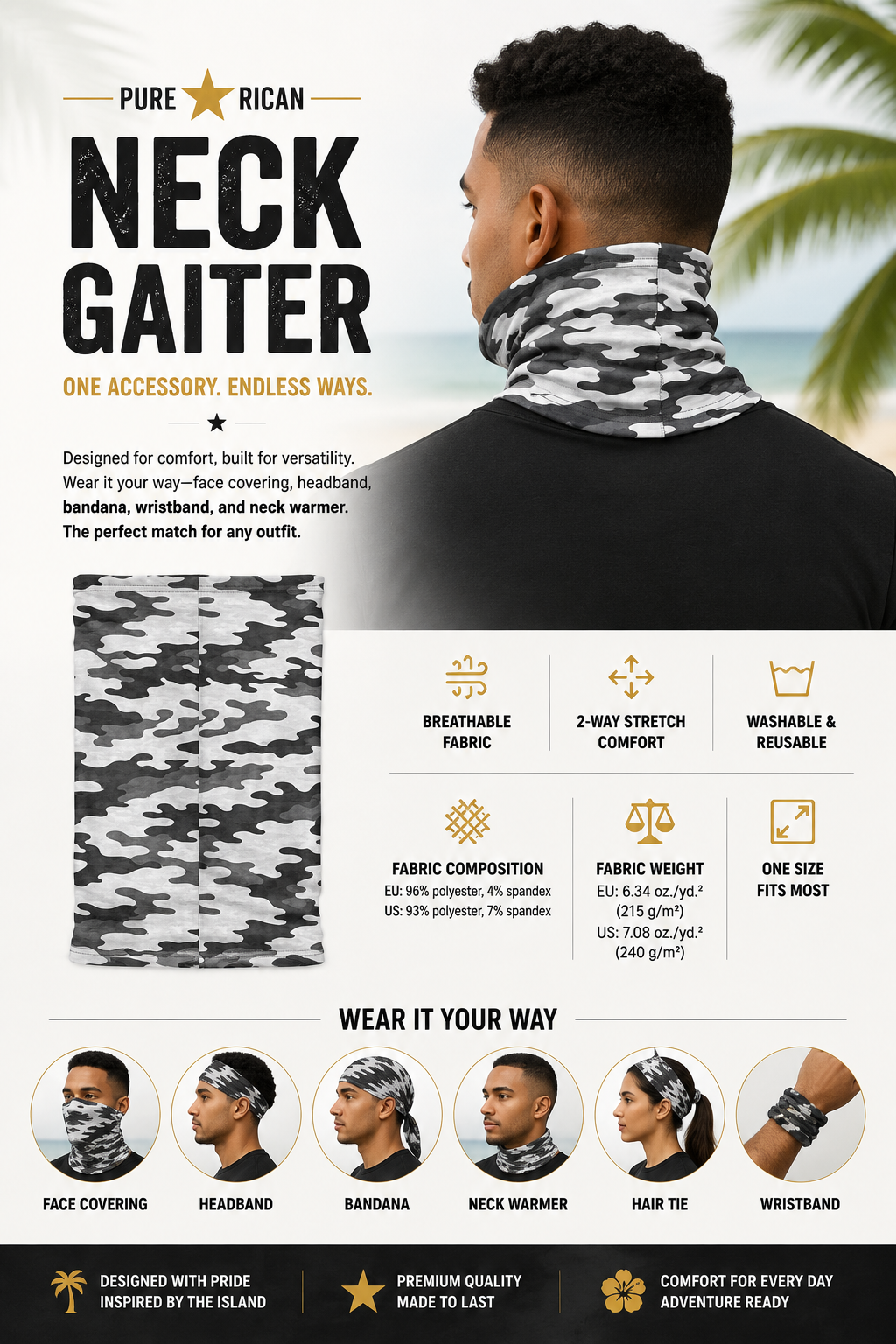 Back view of the Pure⭐️Rican Midnight Camo Boricua neck gaiter showing the black and white camo pattern and comfortable neck warmer fit.