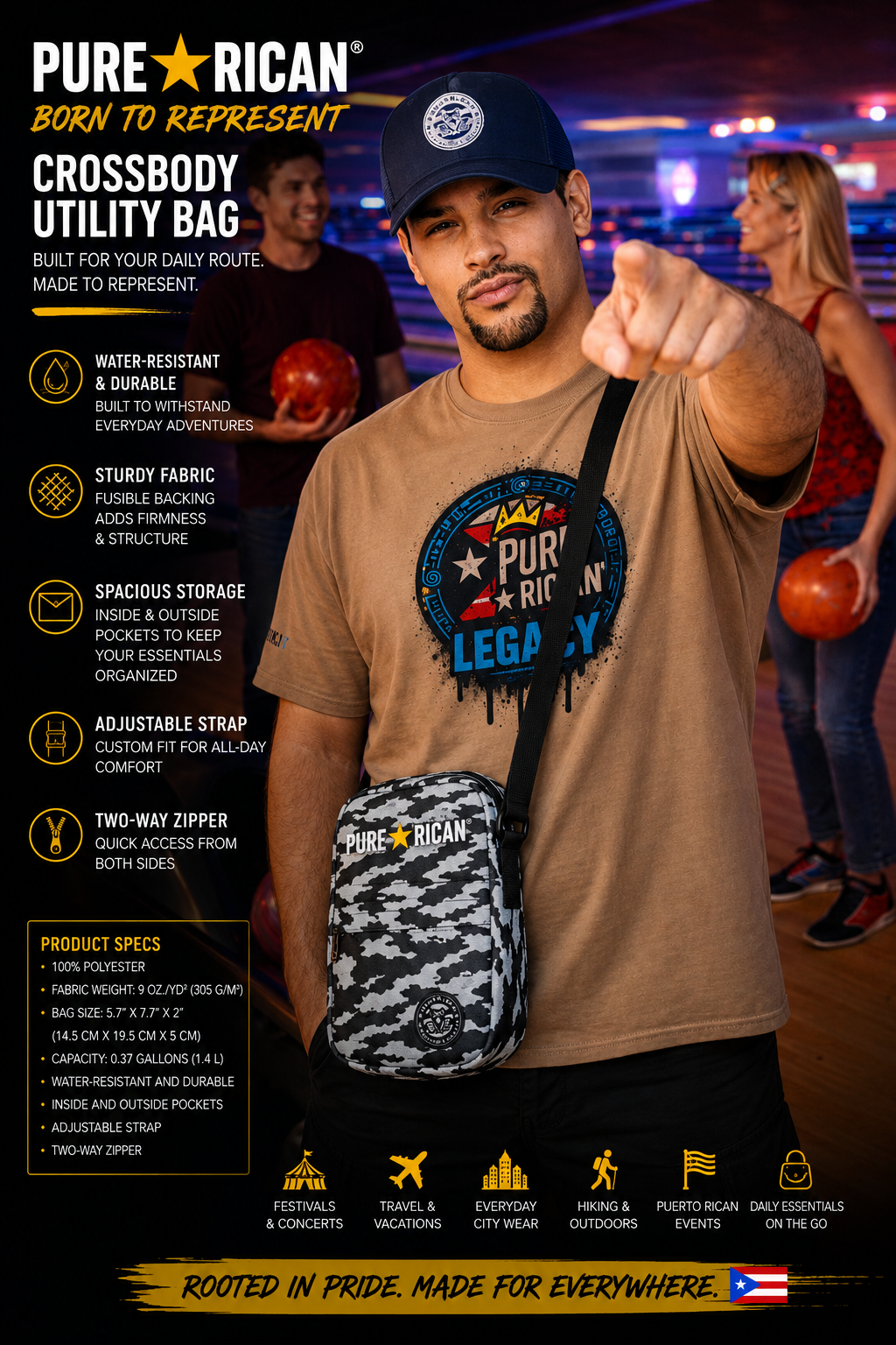 Live-action lifestyle image of a male model wearing the Pure⭐️Rican Midnight Camo Crossbody Utility Bag in a bowling alley setting, showcasing urban Puerto Rican streetwear style and everyday functionality.