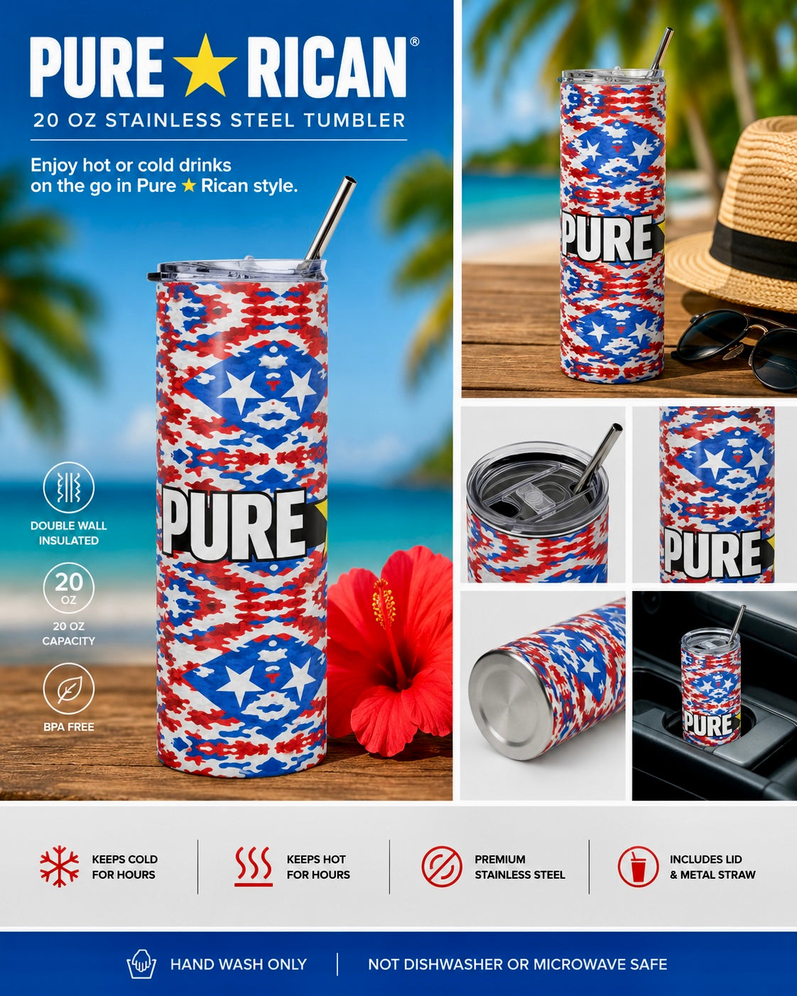 Detailed close-up of the Puerto Rican patriotic camo artwork on the Pure⭐️Rican 20oz stainless steel tumbler