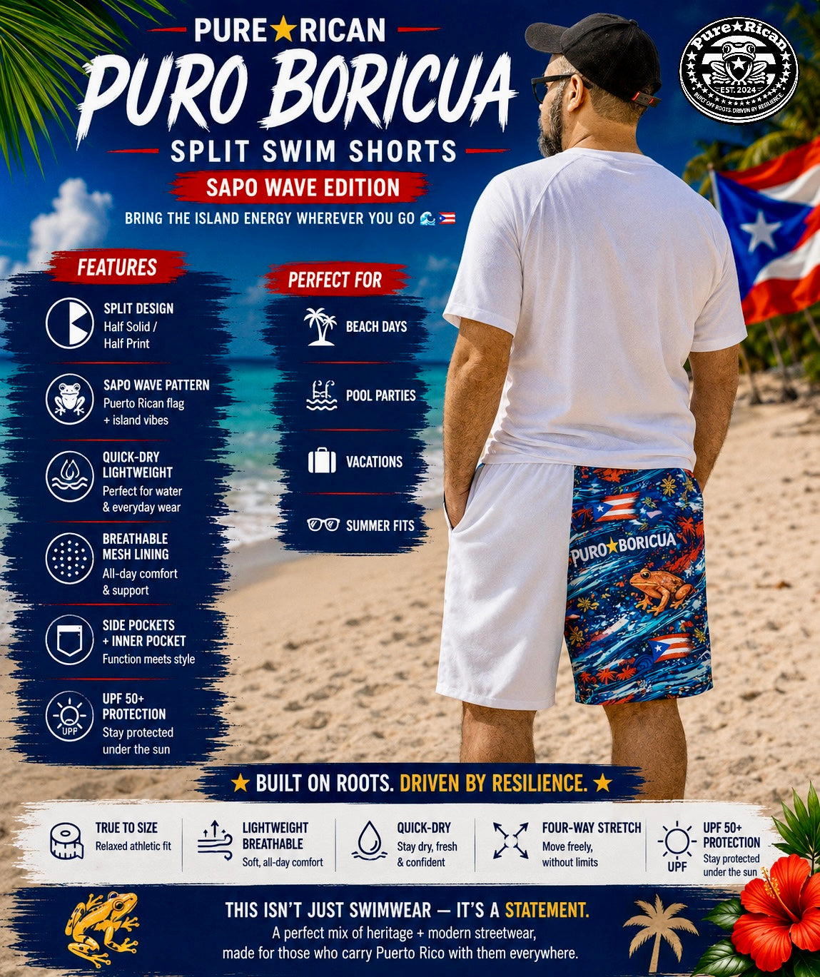 Male model wearing Pure⭐️Rican Puro⭐️Boricua Sapo Wave Split Swim Shorts from the back on a tropical beach featuring Puerto Rican-inspired split design and signature Sapo Wave artwork.