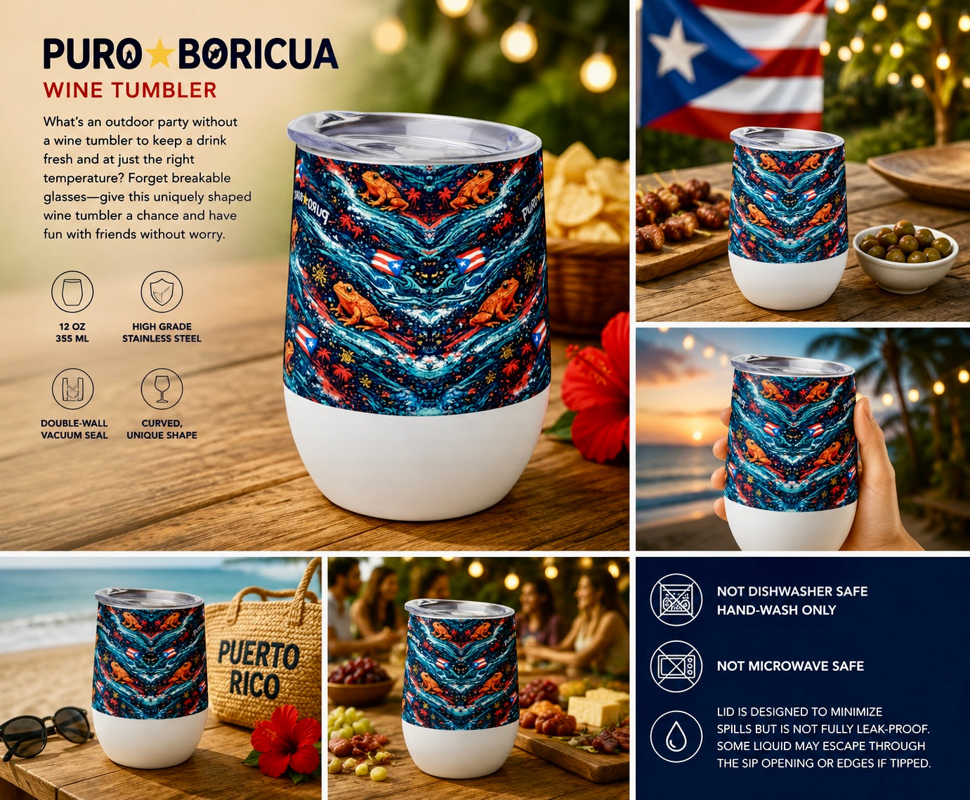 Pure⭐️Rican Puro⭐️Boricua Sapo Wave 12oz stainless steel insulated wine tumbler featuring Puerto Rican flags, tropical wave artwork, and Sapo Concho frog design in angled product view
