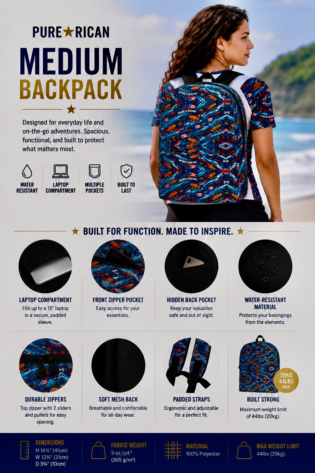 Female model wearing the Pure⭐️Rican Sapo Galaxy Midnight backpack on a beach, showcasing the backpack’s premium Puerto Rican inspired design and everyday travel functionality.