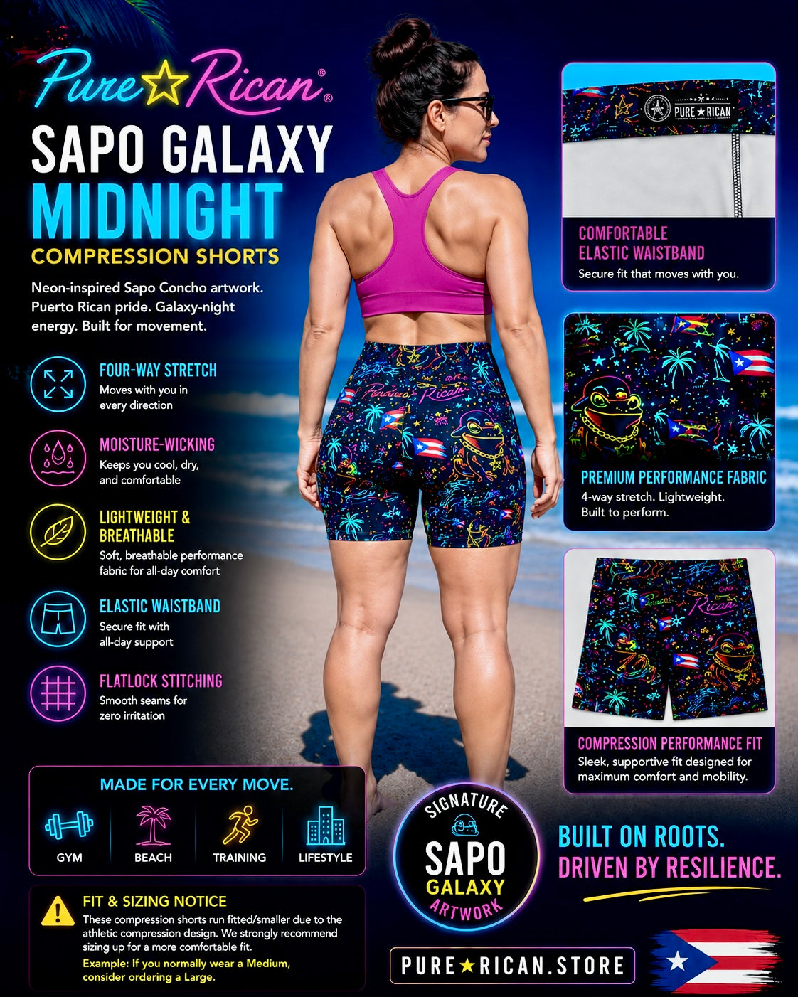 Back view of female model wearing Pure⭐️Rican Sapo Galaxy Midnight Compression Shorts on beach with matching athletic top, highlighting back design, Puerto Rican tropical neon artwork, compression support, and performance fit.