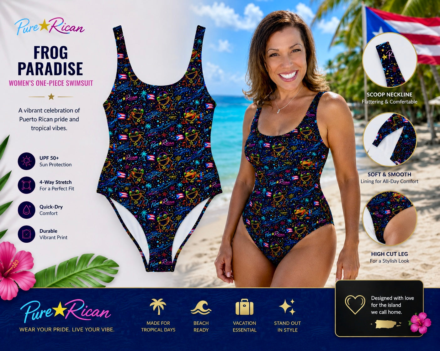 Premium Shopify complementary image featuring a model wearing the Pure⭐️Rican Sapo Galaxy Midnight Women’s One-Piece Swimsuit alongside the product display, highlighting scoop neckline, tropical Puerto Rican beach vibes, neon Sapo Concho graphics, and premium summer swimwear styling.