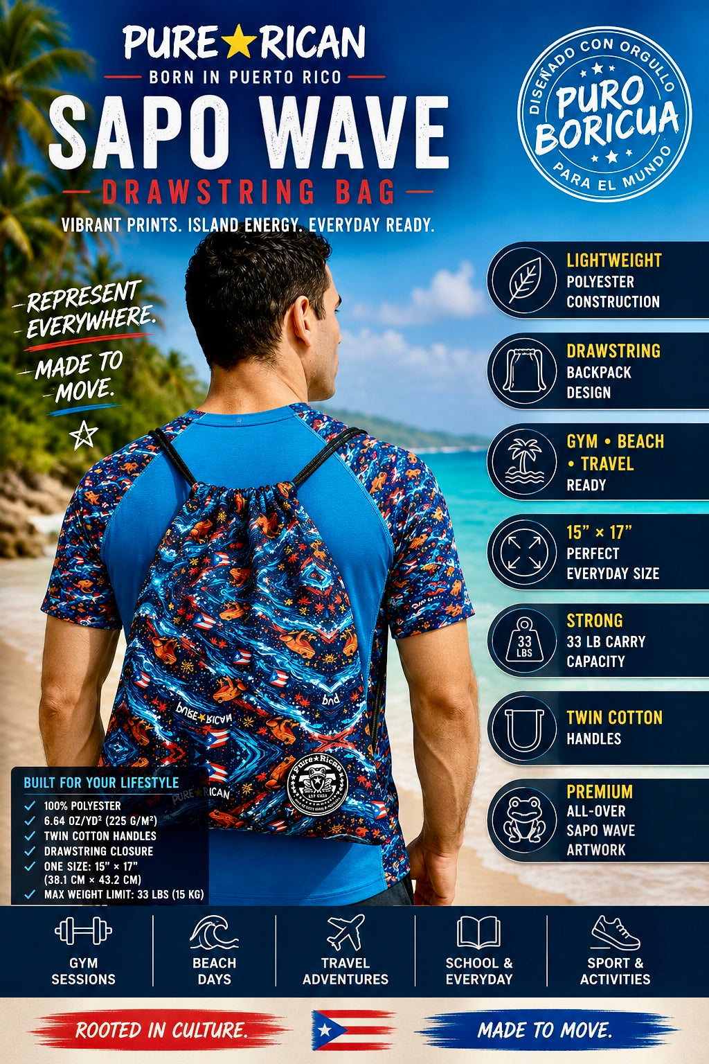 Lifestyle promotional image featuring a model wearing the Pure⭐️Rican Sapo Wave Drawstring Backpack on a tropical beach, highlighting Puerto Rican-inspired Sapo Wave artwork, Sapo Concho frogs, island-inspired details, lightweight construction, and everyday versatility for gym, travel, and beach adventures.