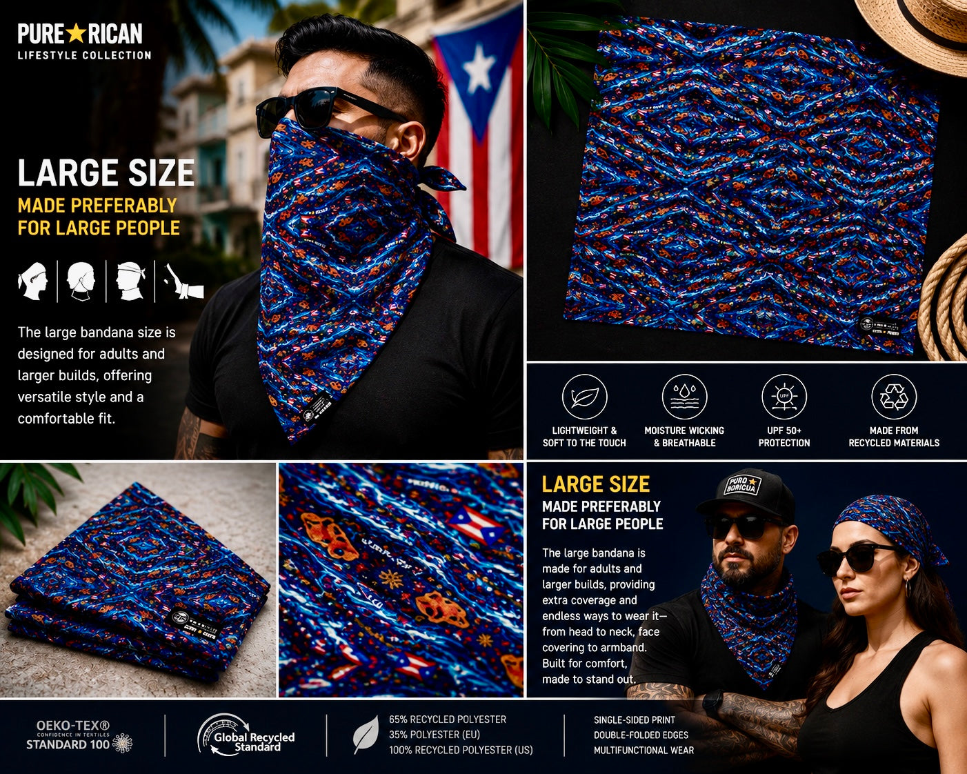 Large Pure⭐️Rican Sapo Wave all-over print bandana worn by adults and shown with close-up fabric details, recycled material icons, and Puerto Rican-inspired pattern.