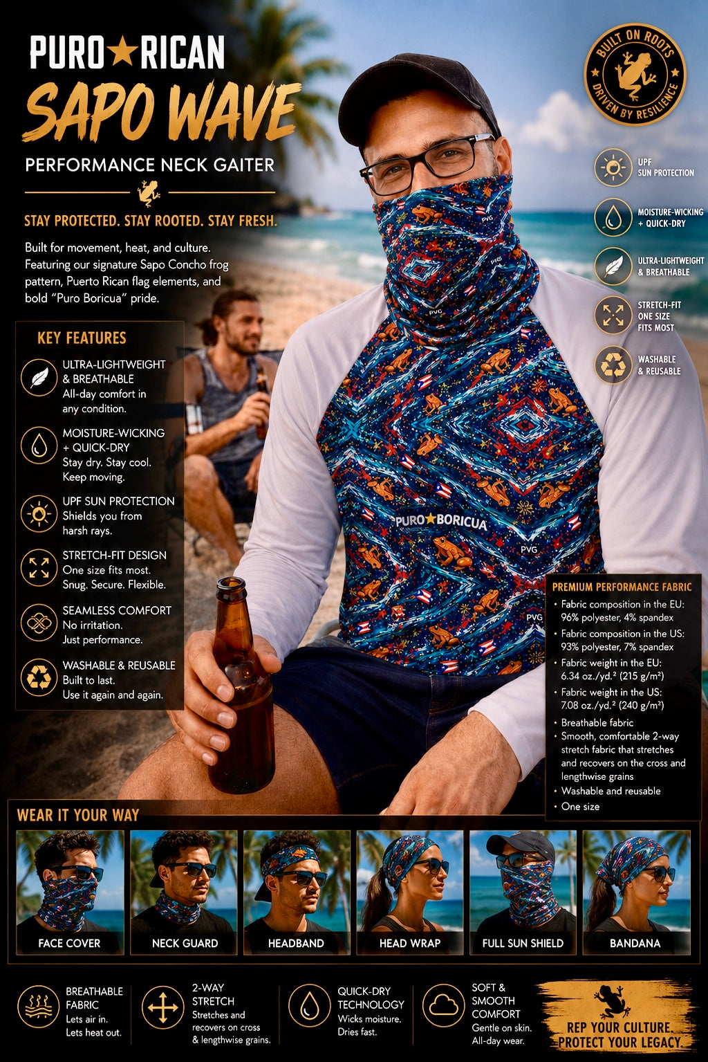 Lifestyle image of a model wearing the Pure⭐️Rican Sapo Wave Performance Neck Gaiter at a beach barbecue scene, showcasing face protection, breathable comfort, Puerto Rican flag details, Sapo Concho frog artwork, and versatile outdoor wear for sun, beach, and grilling activities.