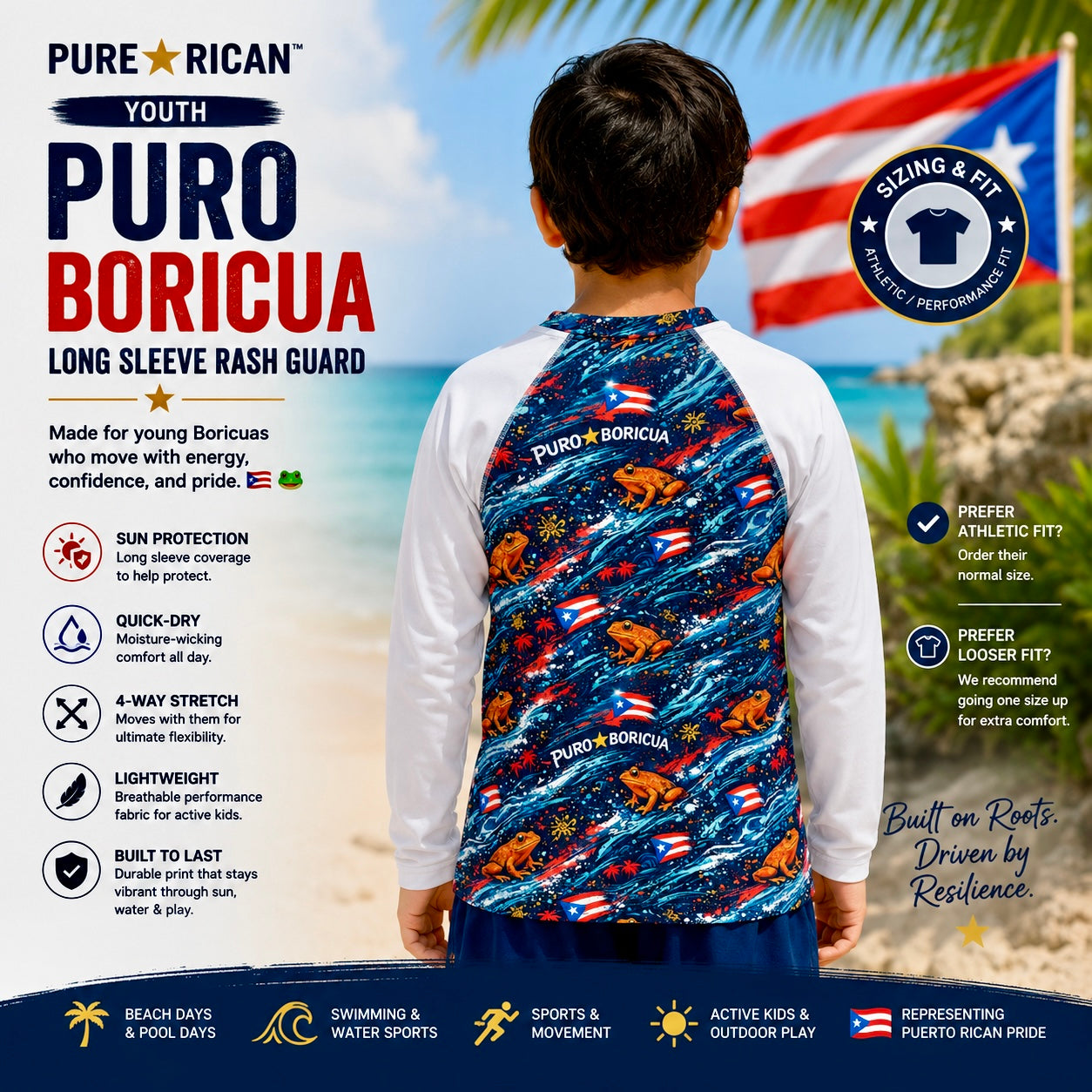 Young boy wearing the Pure⭐️Rican Youth Puro Boricua Long Sleeve Rash Guard at the beach with product details, Puerto Rican flag background, performance features, and lifestyle icons promoting youth Puerto Rican beachwear.
