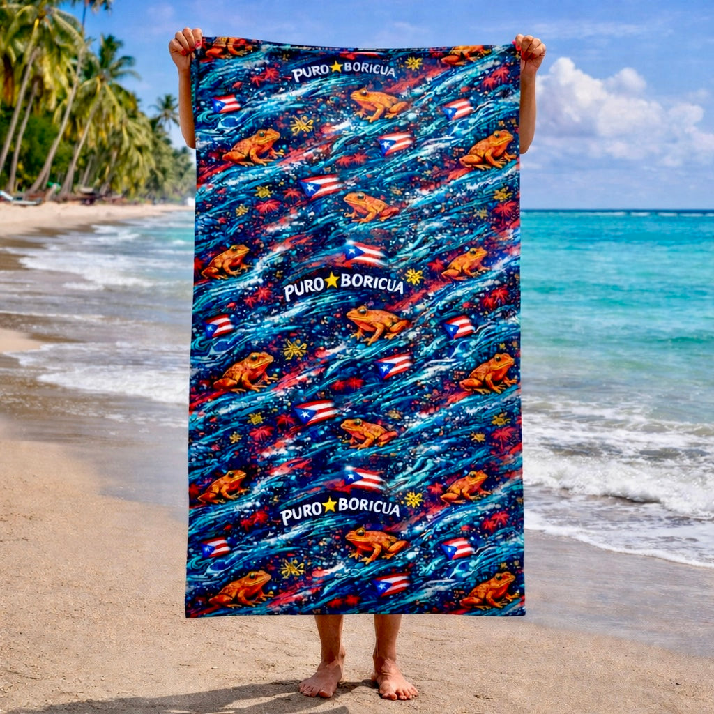 Pure⭐️Rican beach towel held vertically by male model on tropical beach showing full Sapo wave Puerto Rican pattern