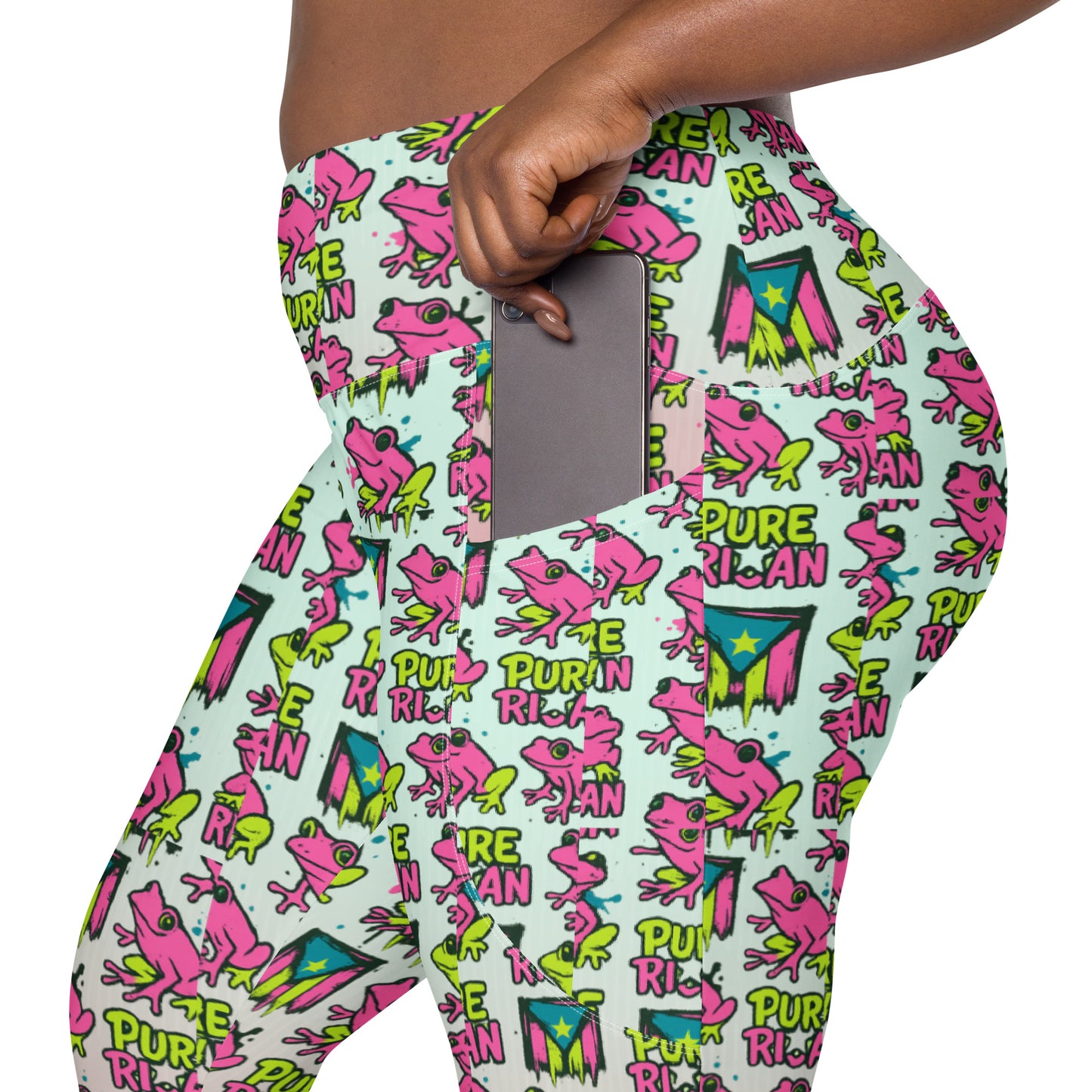 Pure⭐️Rican leggings with pockets left side angle – all-over print women’s workout wear