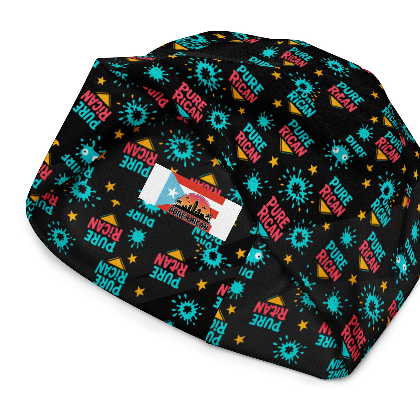 Color Burst beanie fabric detail – Pure⭐️Rican all-over print knit