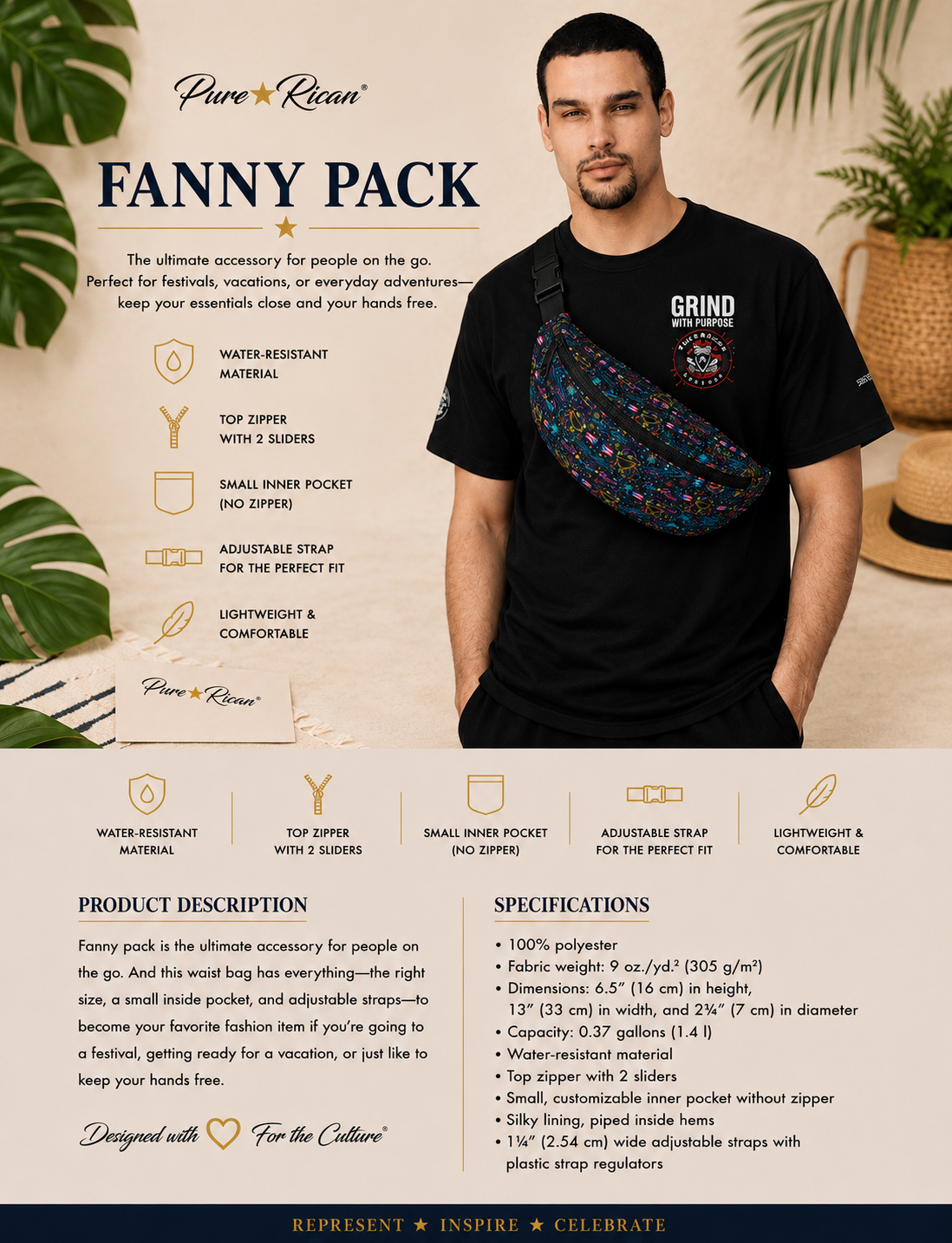 Man wearing the Pure⭐️Rican Sapo Galaxy Midnight Fanny Pack across the chest as a crossbody bag, featuring Puerto Rican inspired Sapo Galaxy Midnight pattern and premium streetwear style.