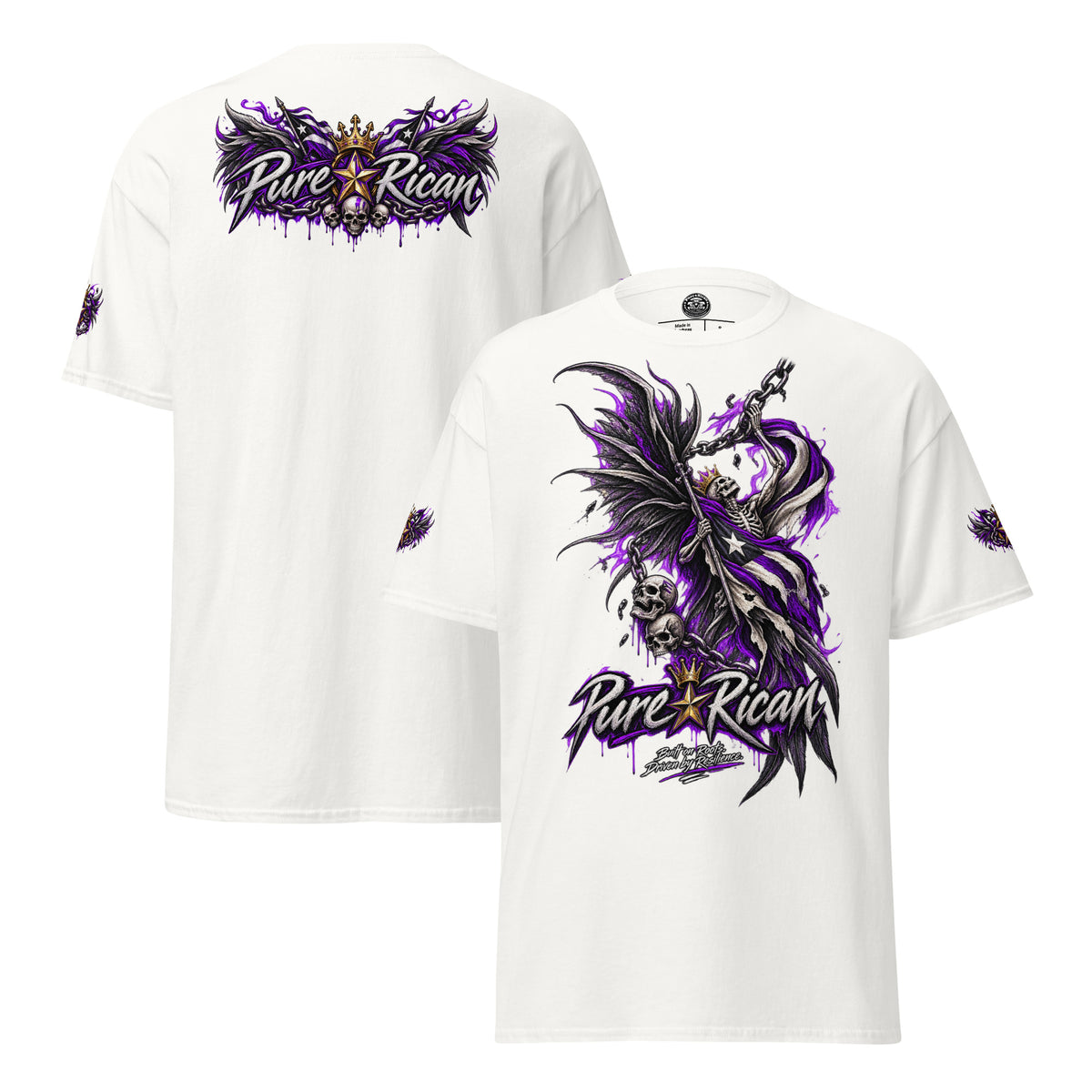Pure⭐️Rican Winged Reaper Resilience Tee in White showing large front reaper artwork, winged crown back graphic, and sleeve details