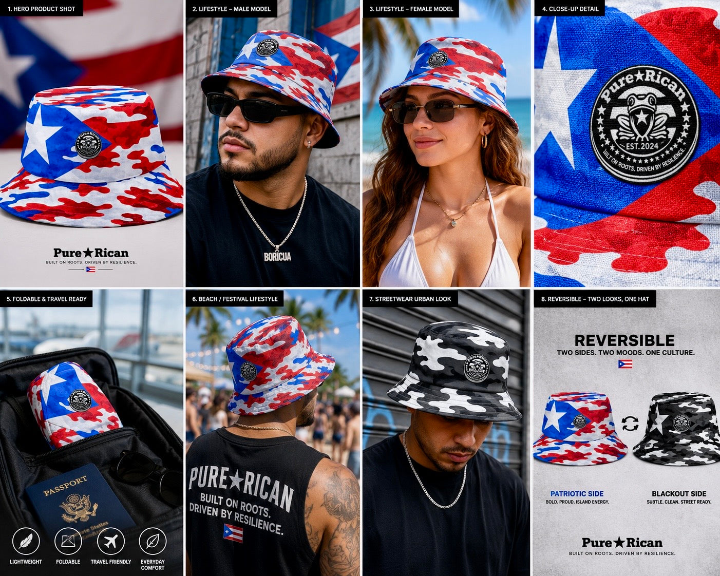 Pure⭐️Rican Reversible Puerto Rican Bucket Hat – Patriotic & Blackout Edition