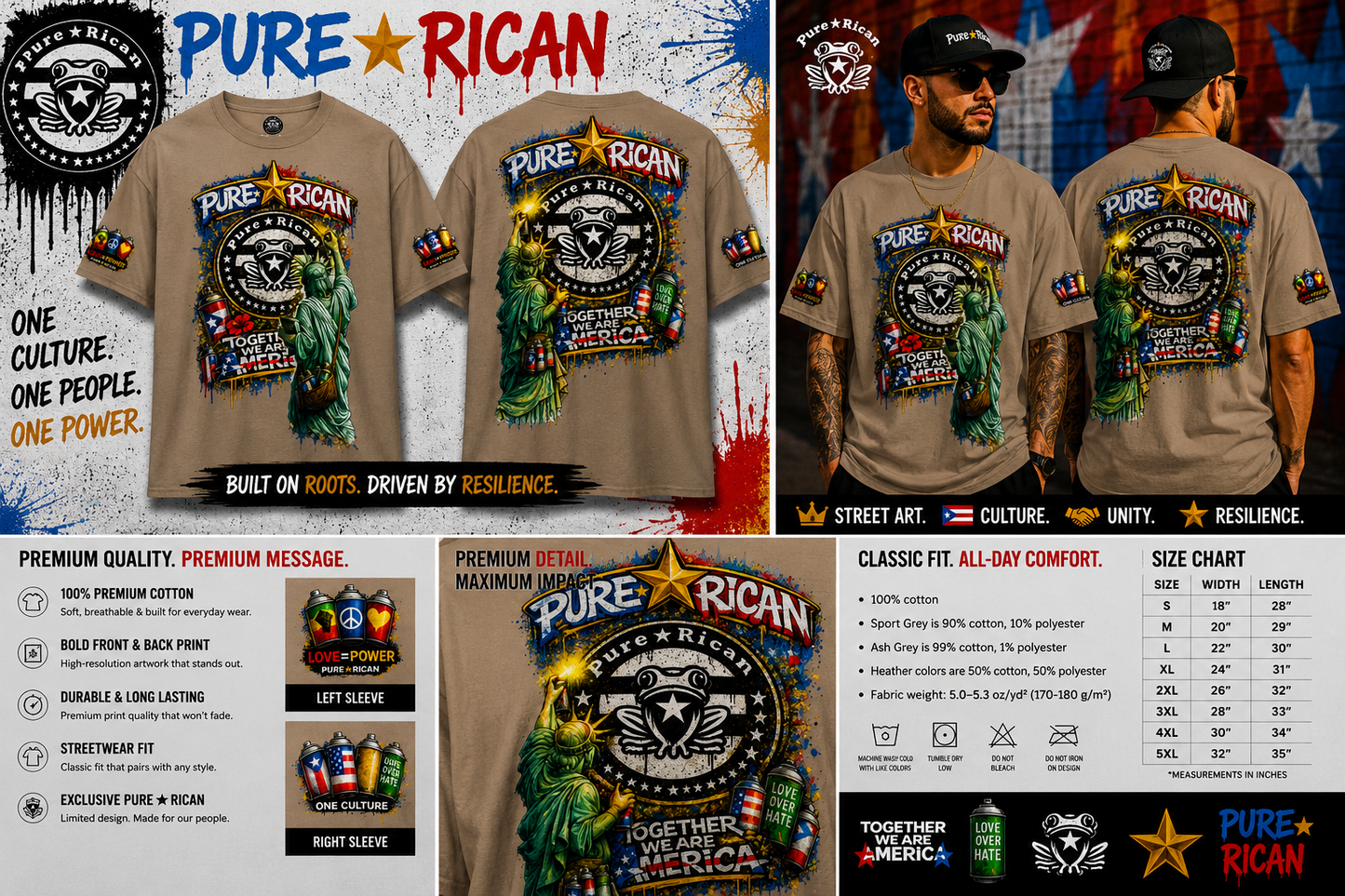 Pure⭐️Rican “Together We Are America” Statue Graffiti Tee – Front & Back Street Art Edition