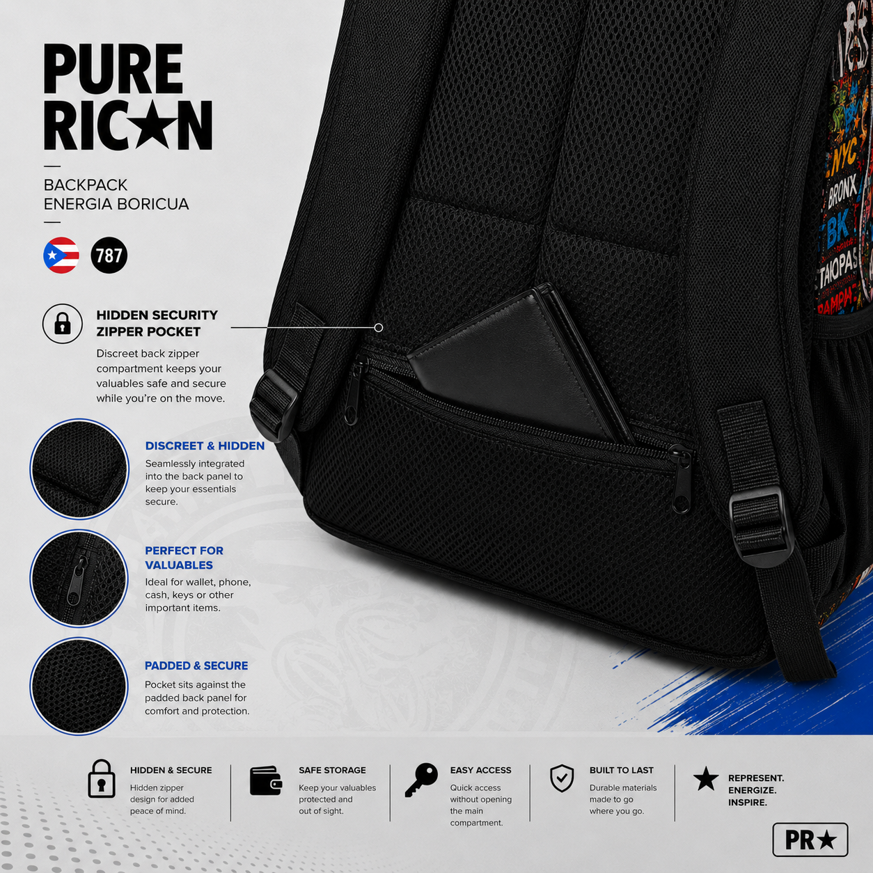 Back view close-up of the Pure⭐️Rican Energia Boricua backpack hidden horizontal zipper security pocket built into the padded back panel. Perfect for safely storing a wallet, phone, passport, keys, or valuables while traveling and on the go.