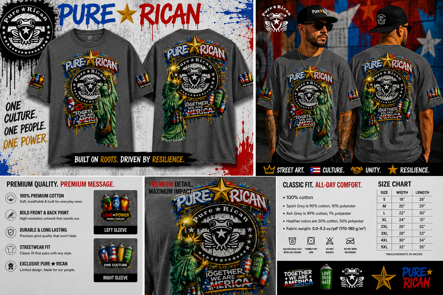 Pure⭐️Rican “Together We Are America” Statue Graffiti Tee – Front & Back Street Art Edition