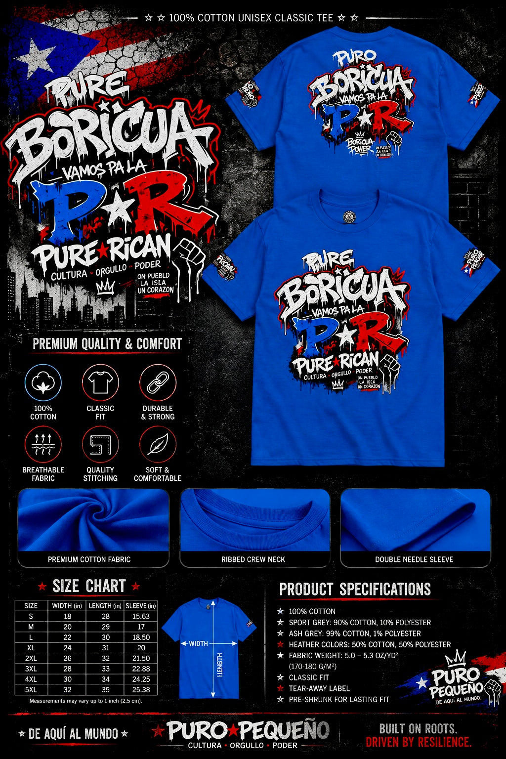 Blue t-shirt with 'Pure Boricua' design on a dark background