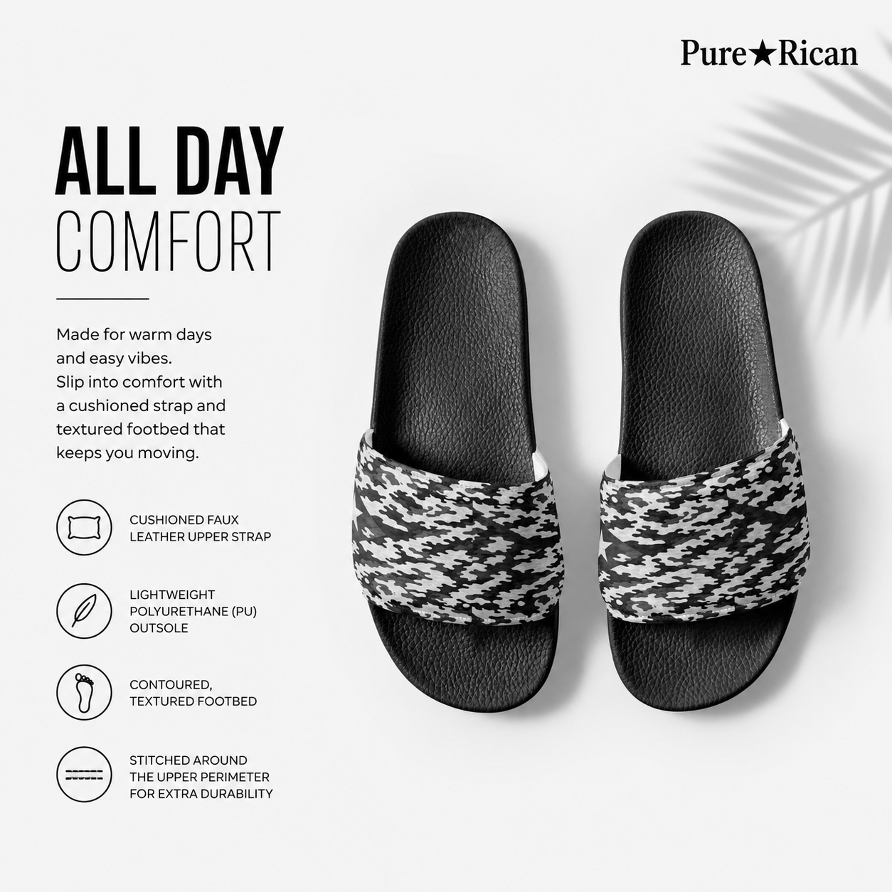 Black and white patterned slides with 'Pure⭐️Rican' branding on a white background.
