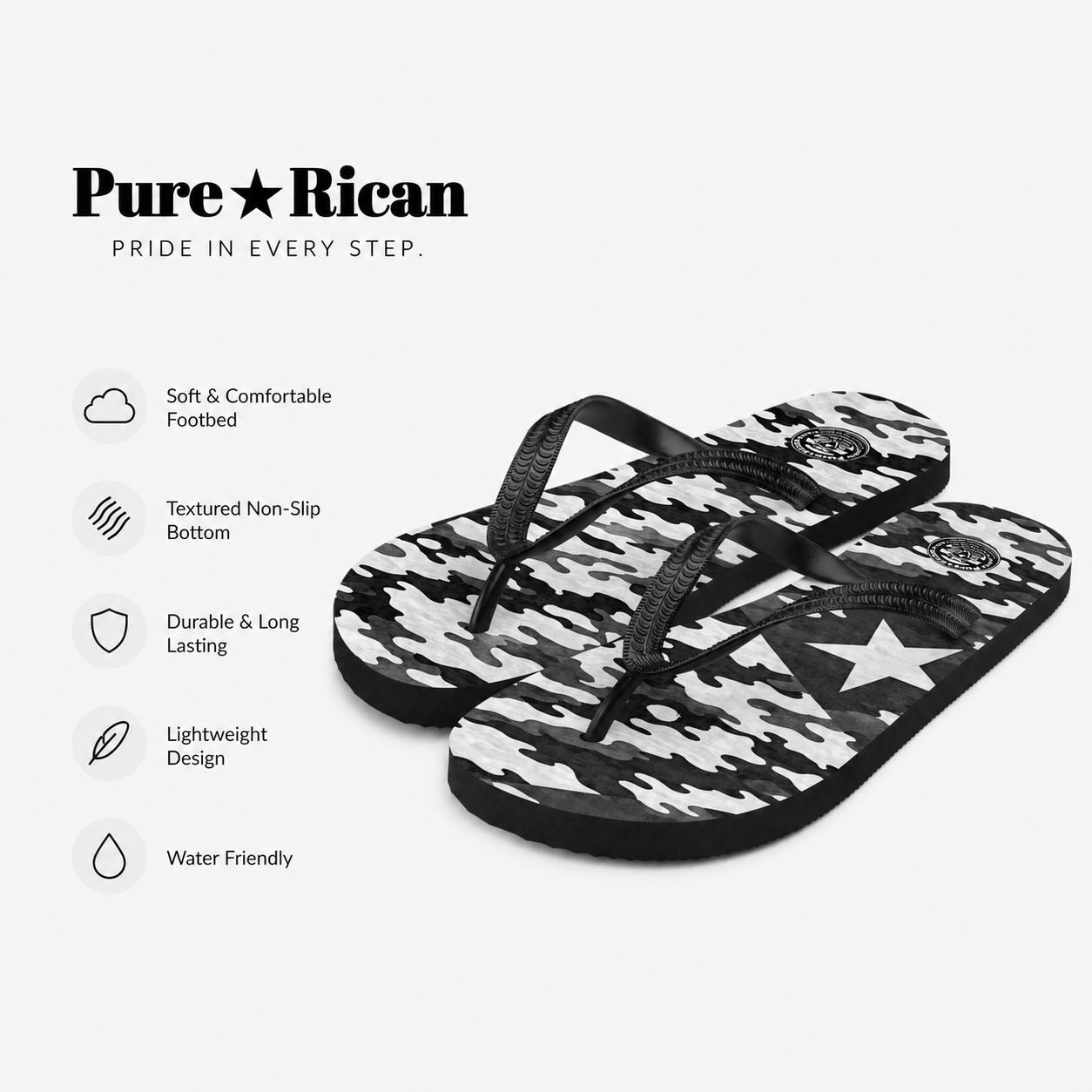 Black and white camouflage flip-flops with 'Pure Rican' branding and feature list on a white background.