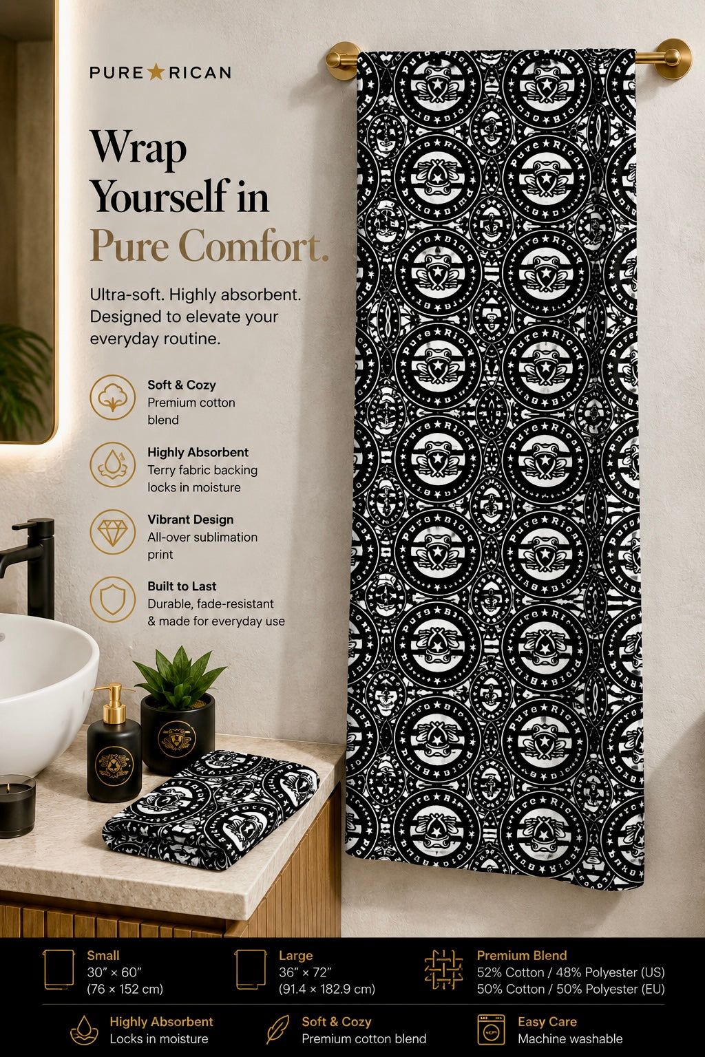 Pure⭐️Rican “OG Heritage Vertical Flow” Premium Sublimation Towel | Puerto Rican Luxury Bath, Beach & Everyday Towel