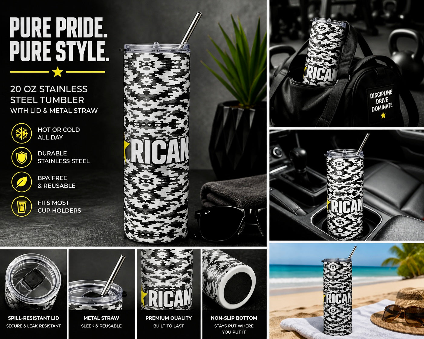 Pure⭐️Rican Black Camo Stainless Steel Tumbler | 20oz Travel Cup with Metal Straw