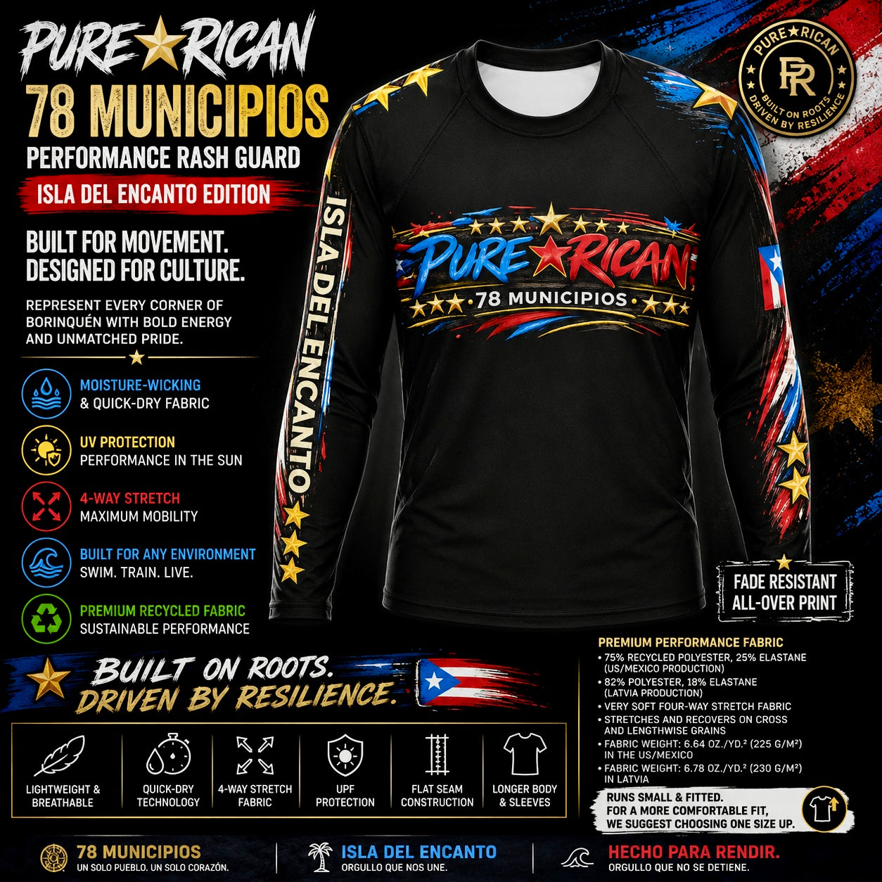 A black short-sleeve athletic T-shirt shown on a dark promotional graphic background, featuring a large multicolor 'Pure ★ Rican 78 Municipios' chest print and 'ISLA DEL ENCAMPO EDITION' text down one sleeve. The image includes feature callouts, fabric claims, and branding for Pure ★ Rican and 78 Municipios.