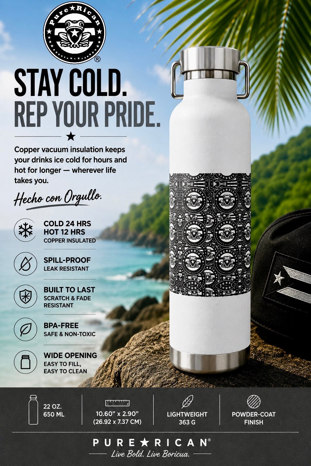 White water bottle with black pattern on a scenic background, featuring Pure Rican branding and product features.